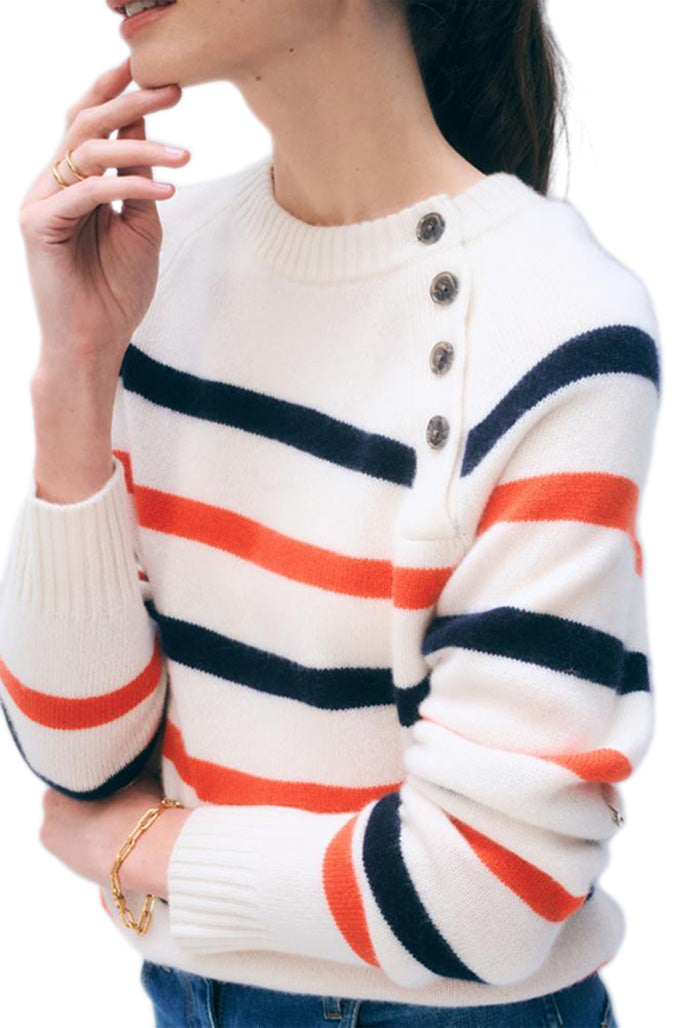 White & Warren Cashmere Striped Sweater in Soft White - Poppy Red - Deep Navy