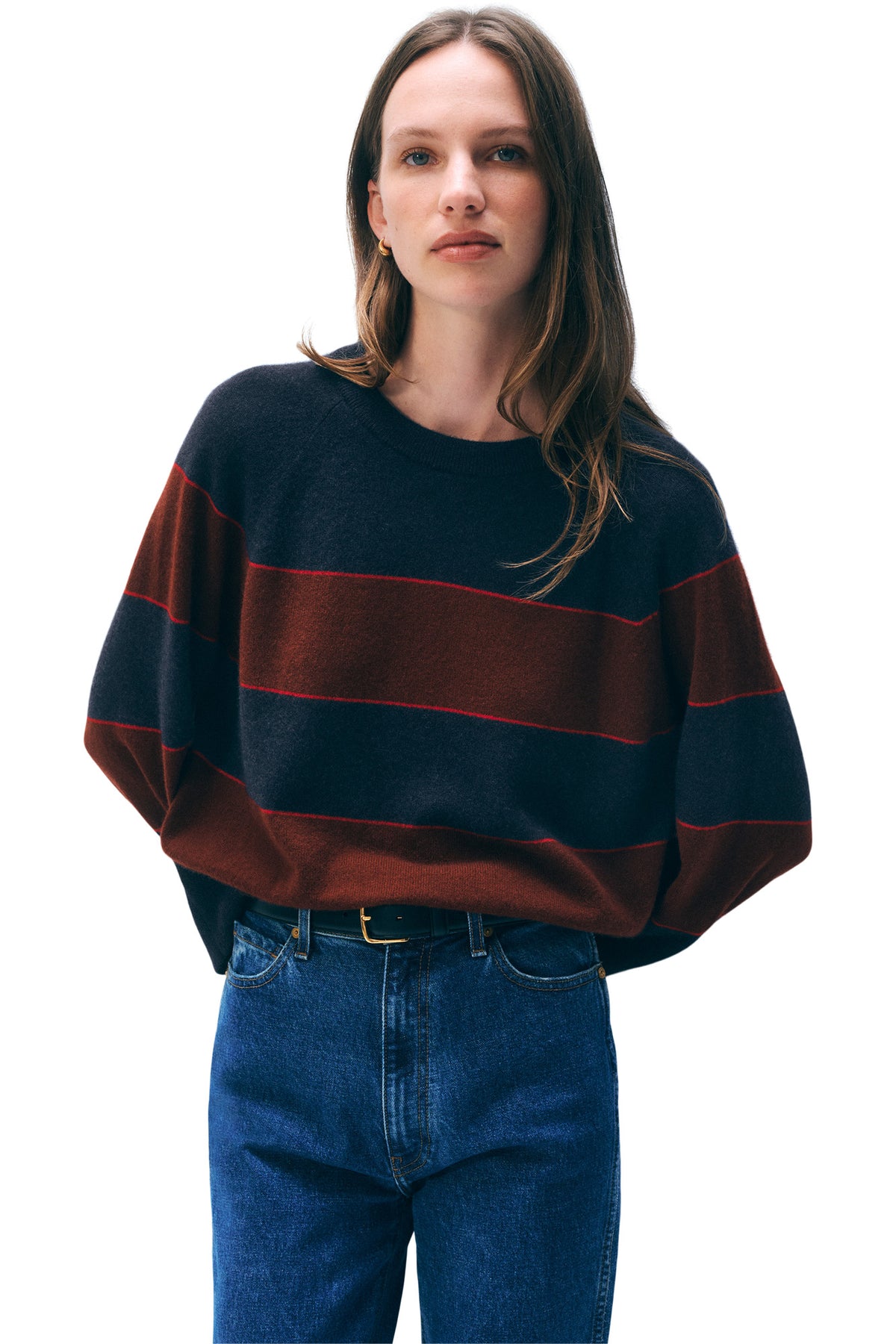 White & Warren Cashmere Striped Sweatshirt in Deep Navy Combo