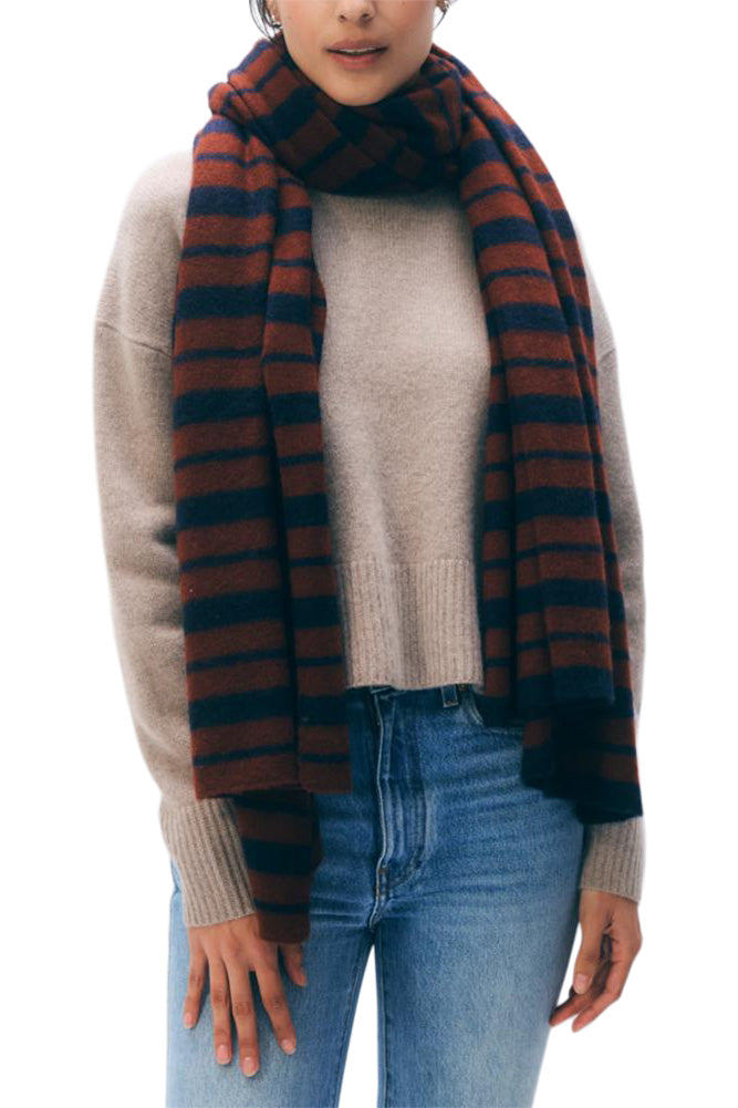 White & Warren Cashmere Striped Travel Wrap in Dark Cognac - Deep Navy