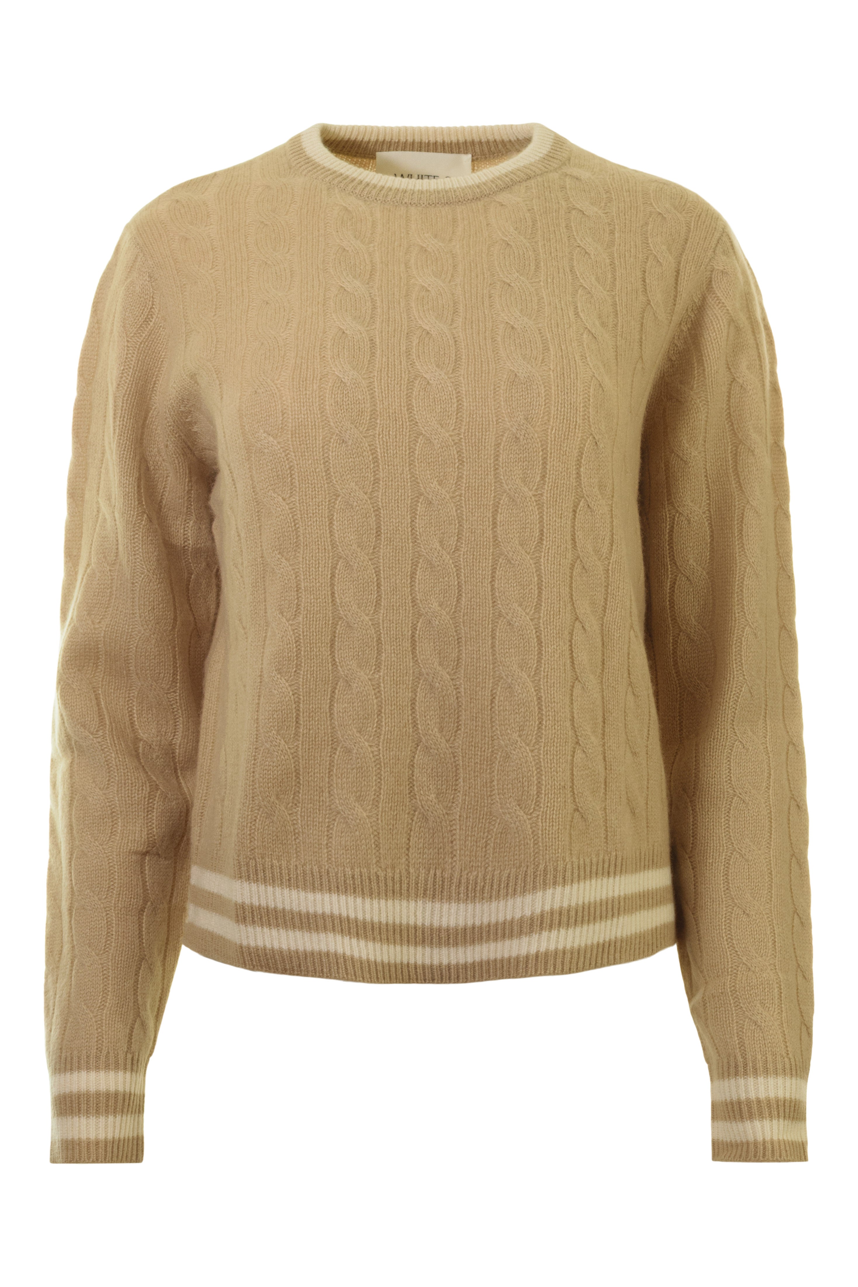 White & Warren Cashmere Varsity Cable Crewneck in Muted Camel - Vintage Ivory