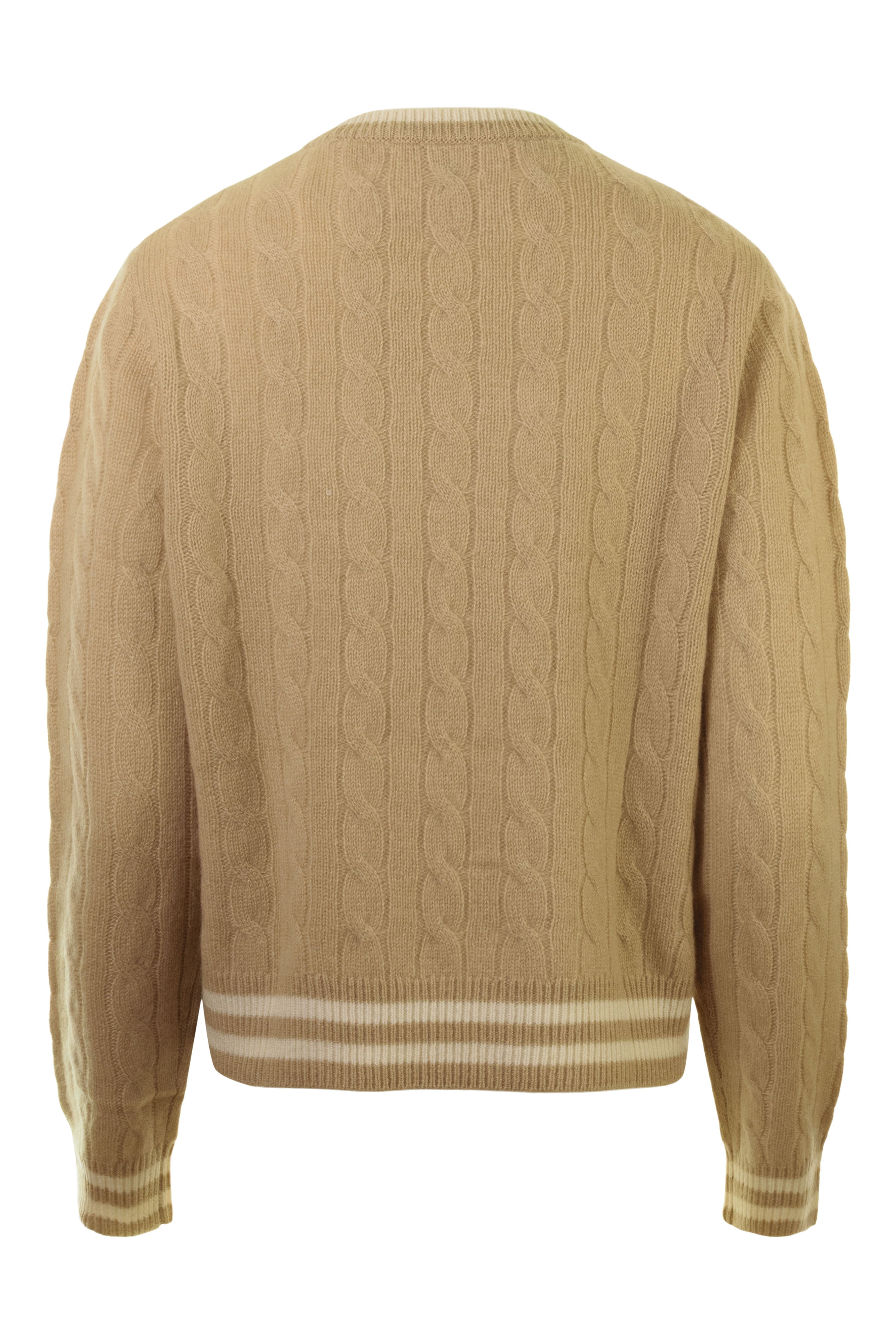 White & Warren Cashmere Varsity Cable Crewneck in Muted Camel - Vintage Ivory