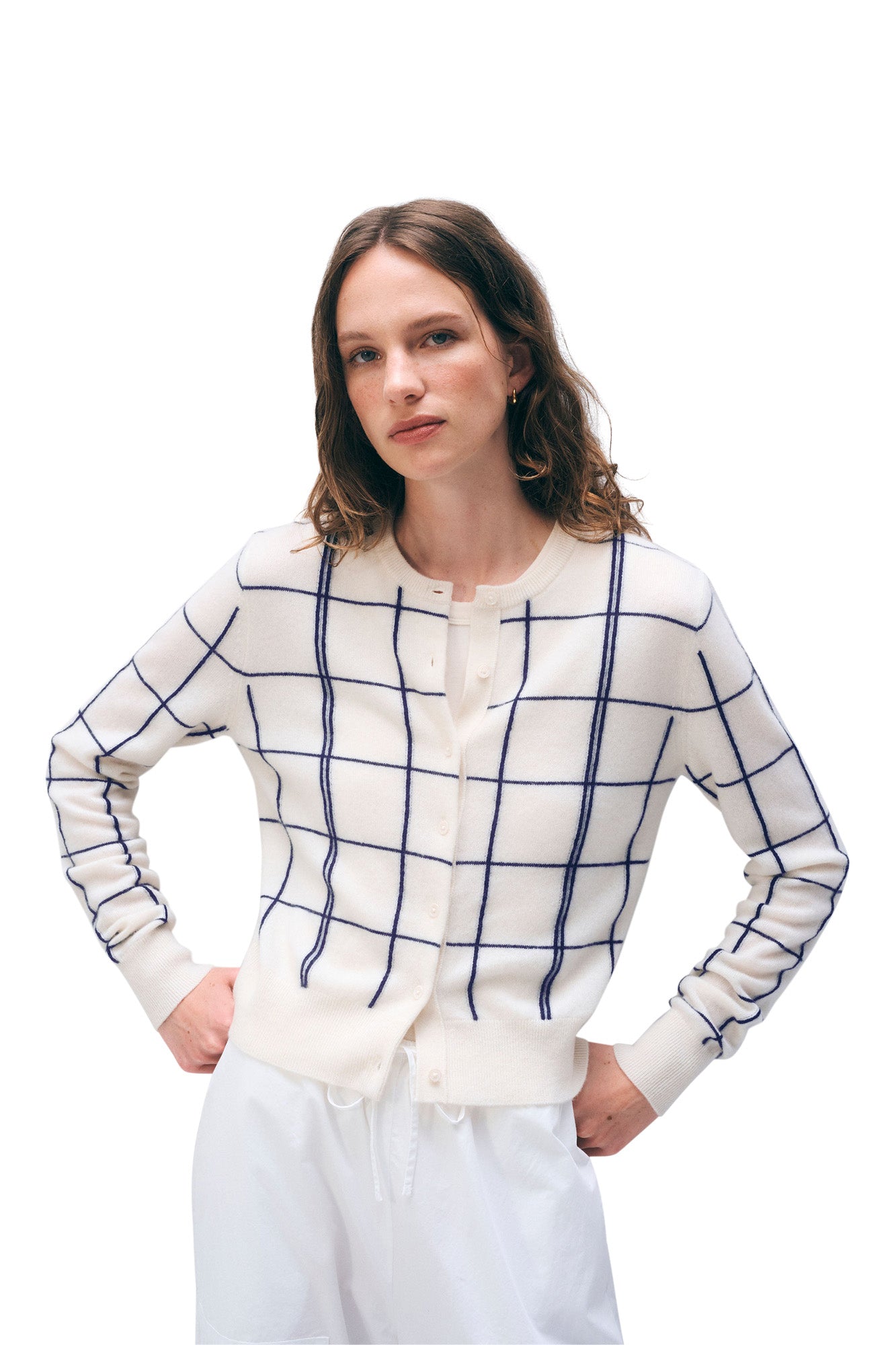 White & Warren Windowpane Cardigan in Soft White-Deep Navy Grid