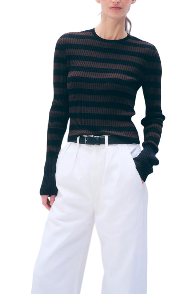 White & Warren Cotton Ribbed Long Sleeve Striped Top in Brown Combo