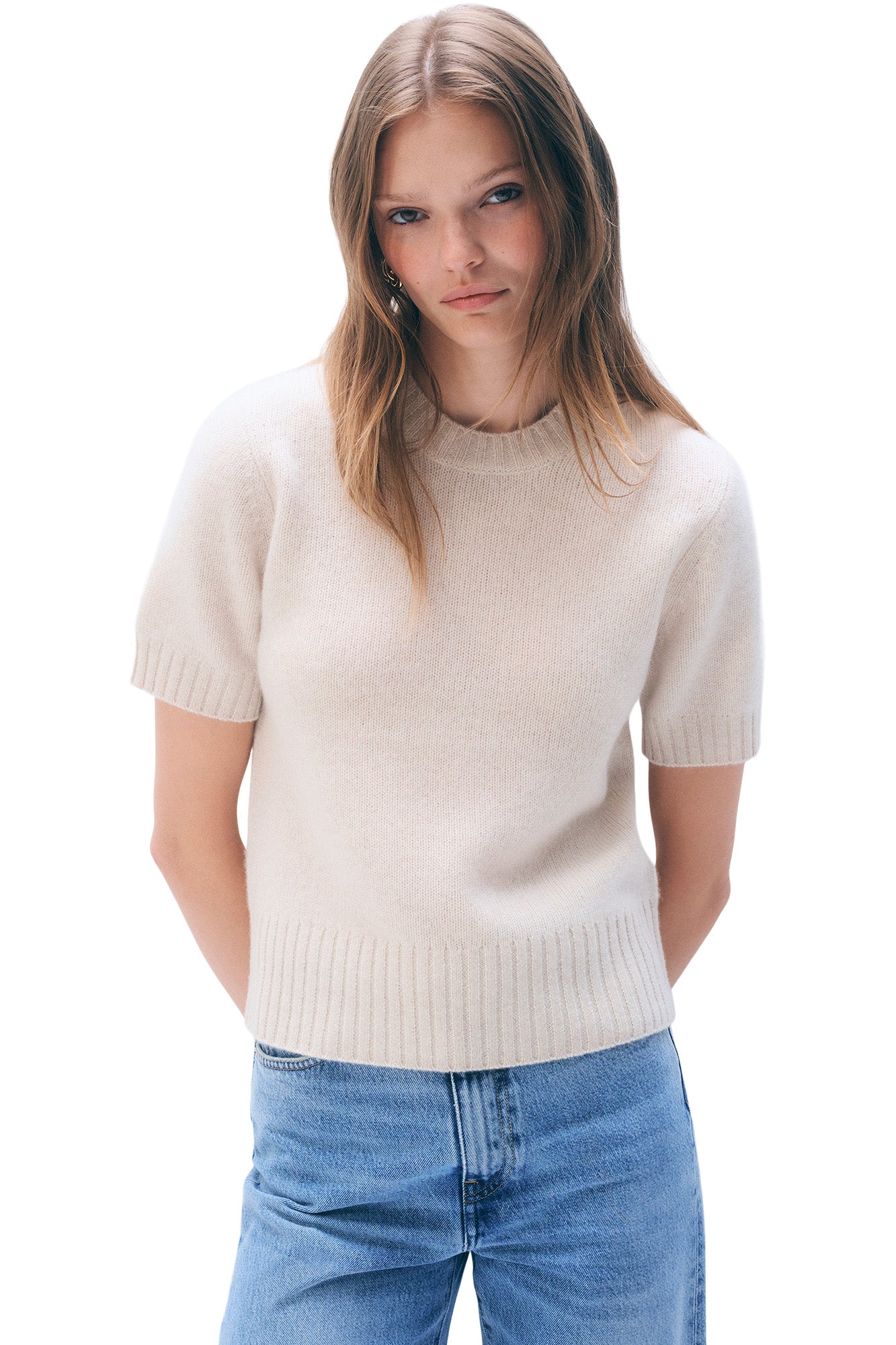 White & Warren Featherweight Cashmere T-shirt in Natural Heather