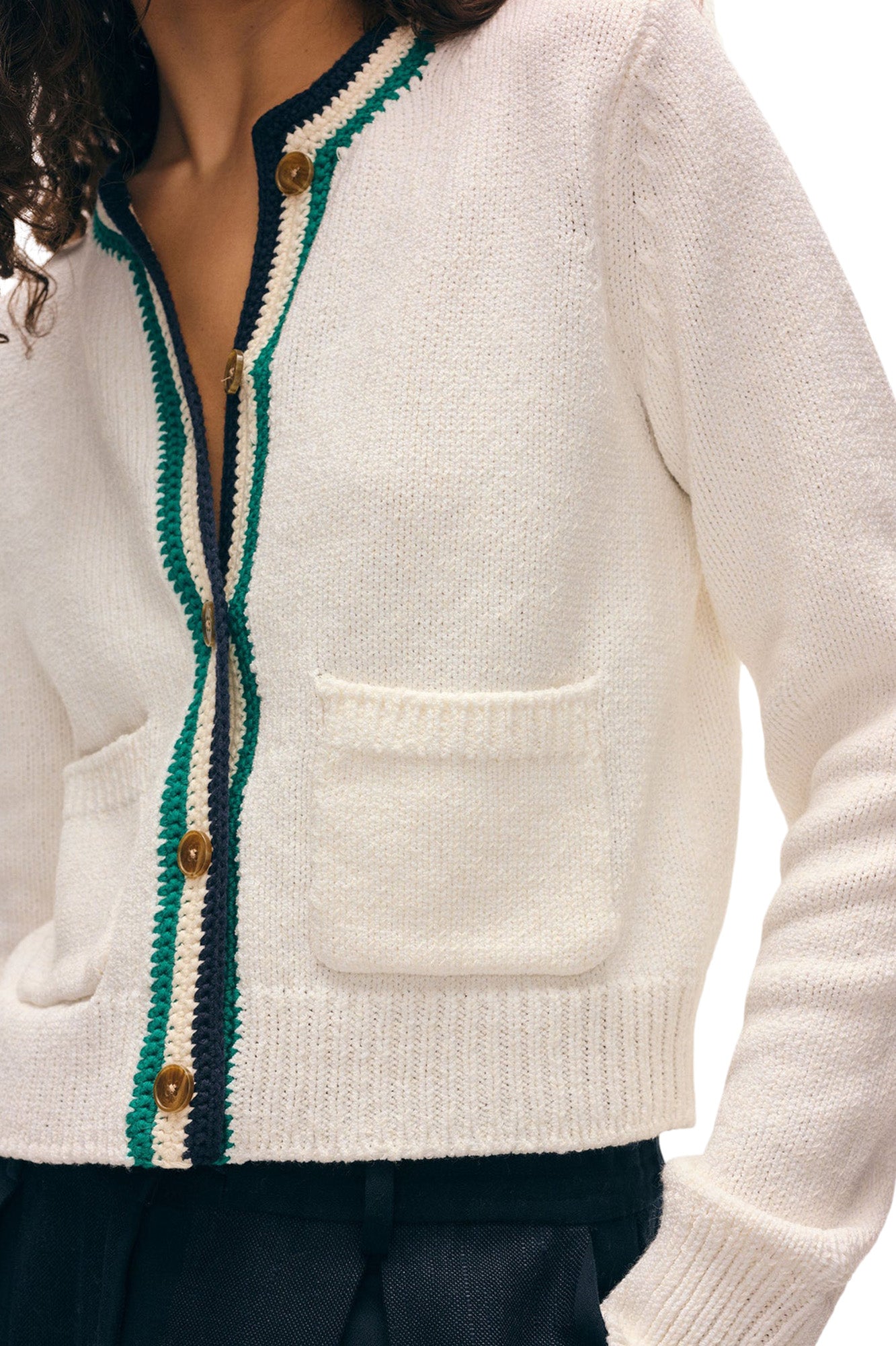 White & Warren Lofty Cotton Crochet Trim Cardigan in Ivory - Navy Teal