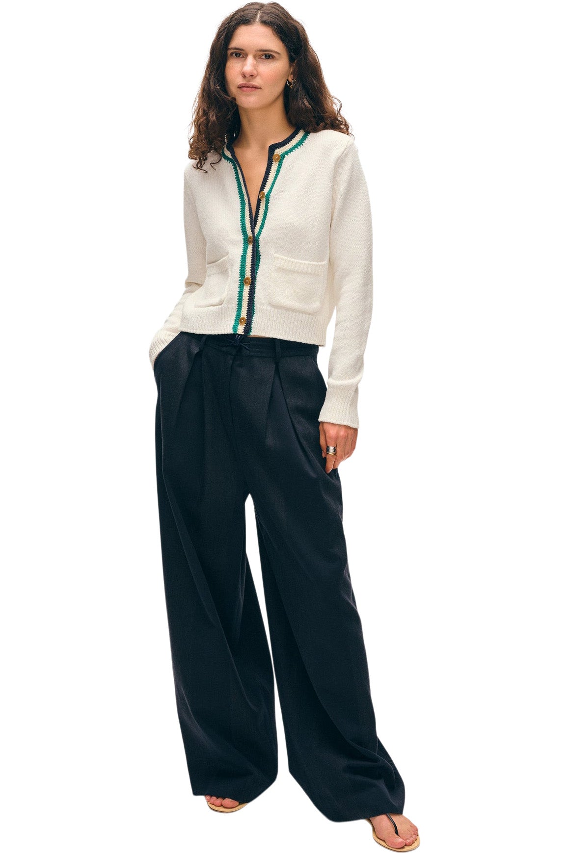 White & Warren Lofty Cotton Crochet Trim Cardigan in Ivory - Navy Teal