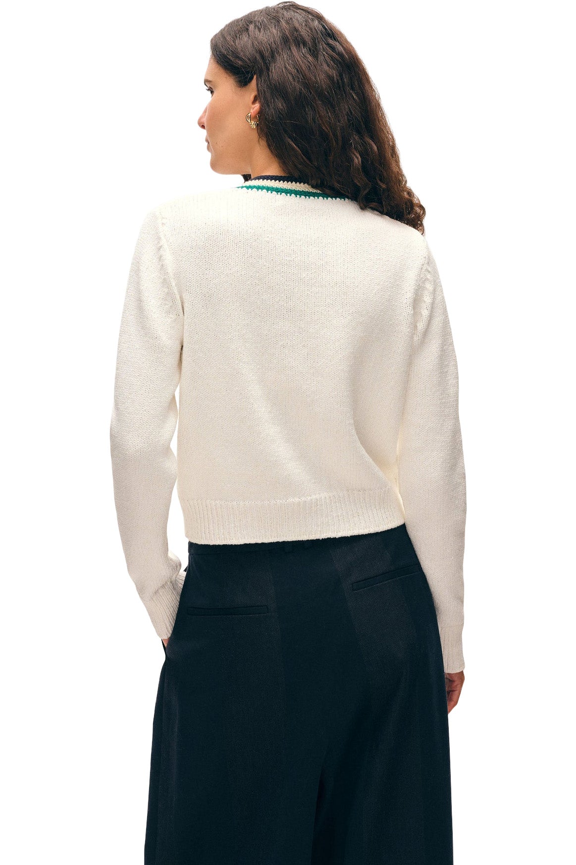 White & Warren Lofty Cotton Crochet Trim Cardigan in Ivory - Navy Teal