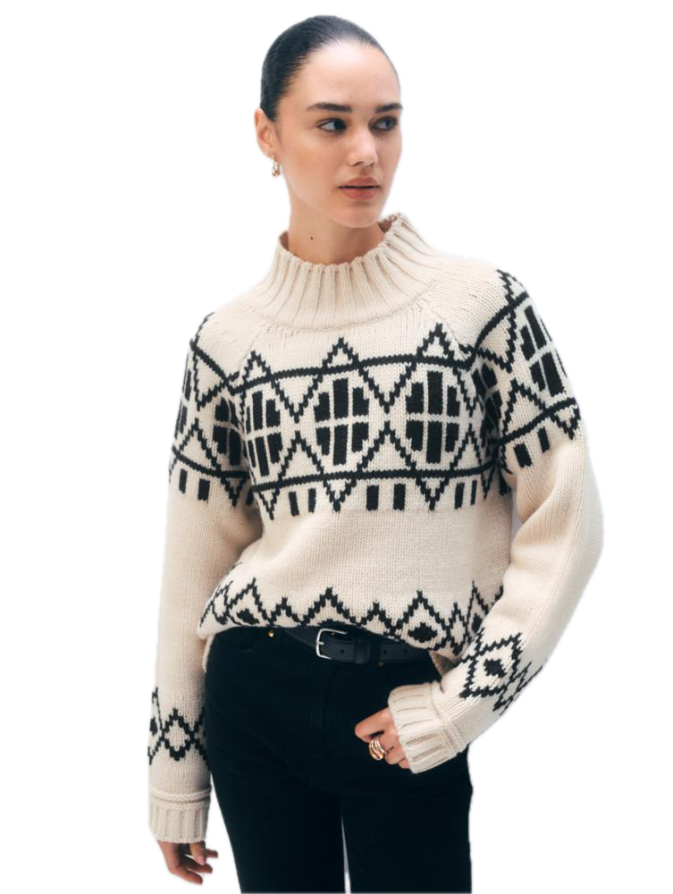 White & Warren Merino Wool Fair Isle Turtlenck in Ivory Combo