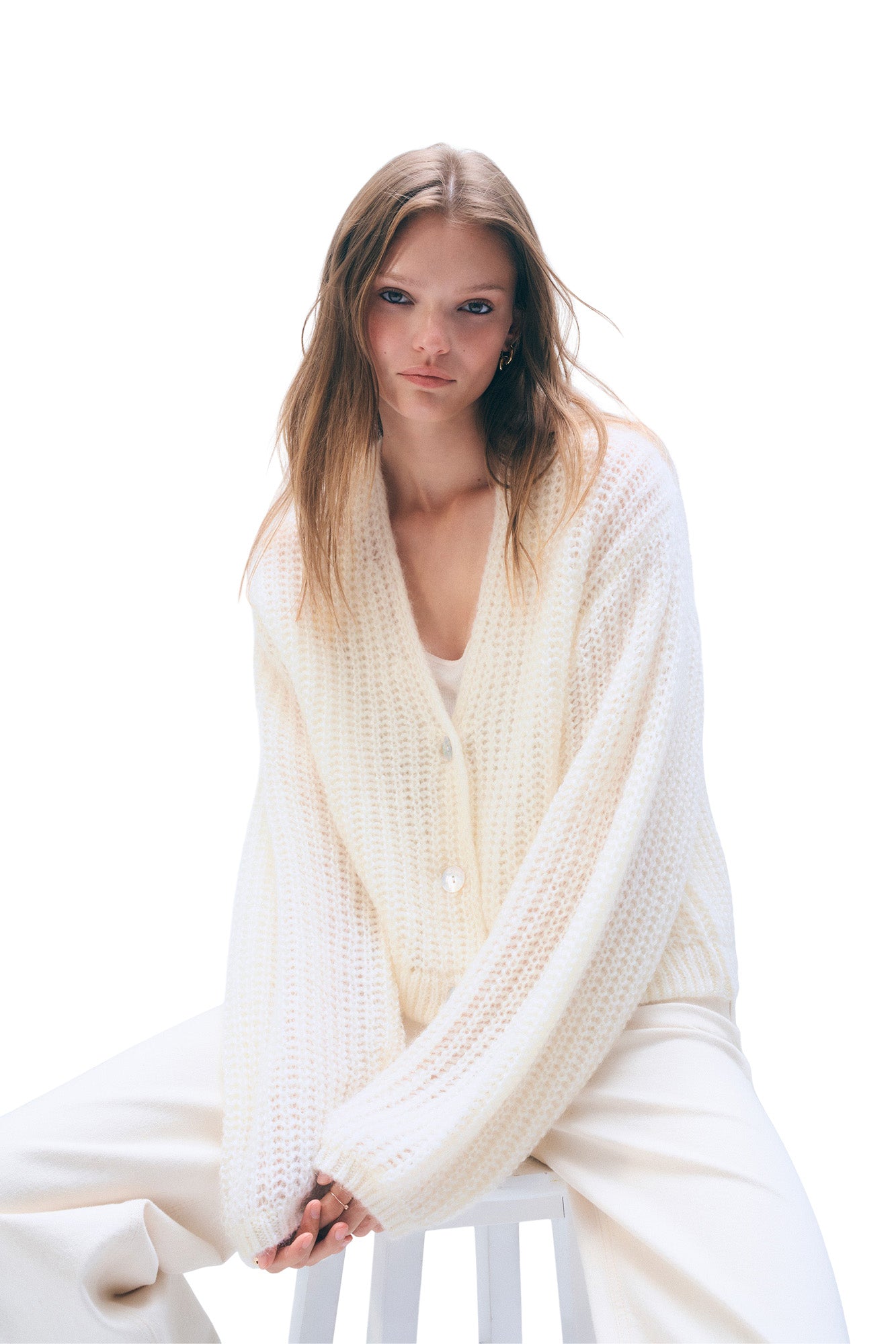 White & Warren Mohair Luxe Cardigan in Ivory