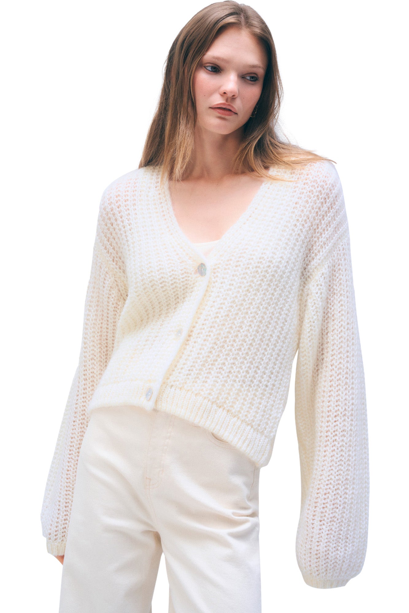 White & Warren Mohair Luxe Cardigan in Ivory