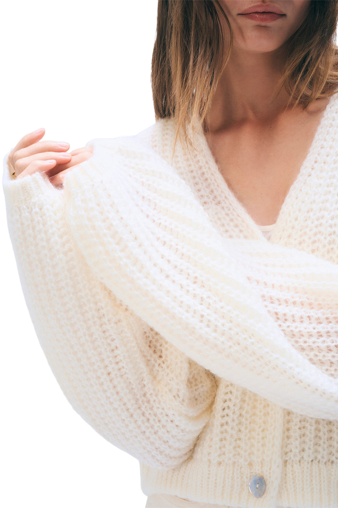 White & Warren Mohair Luxe Cardigan in Ivory