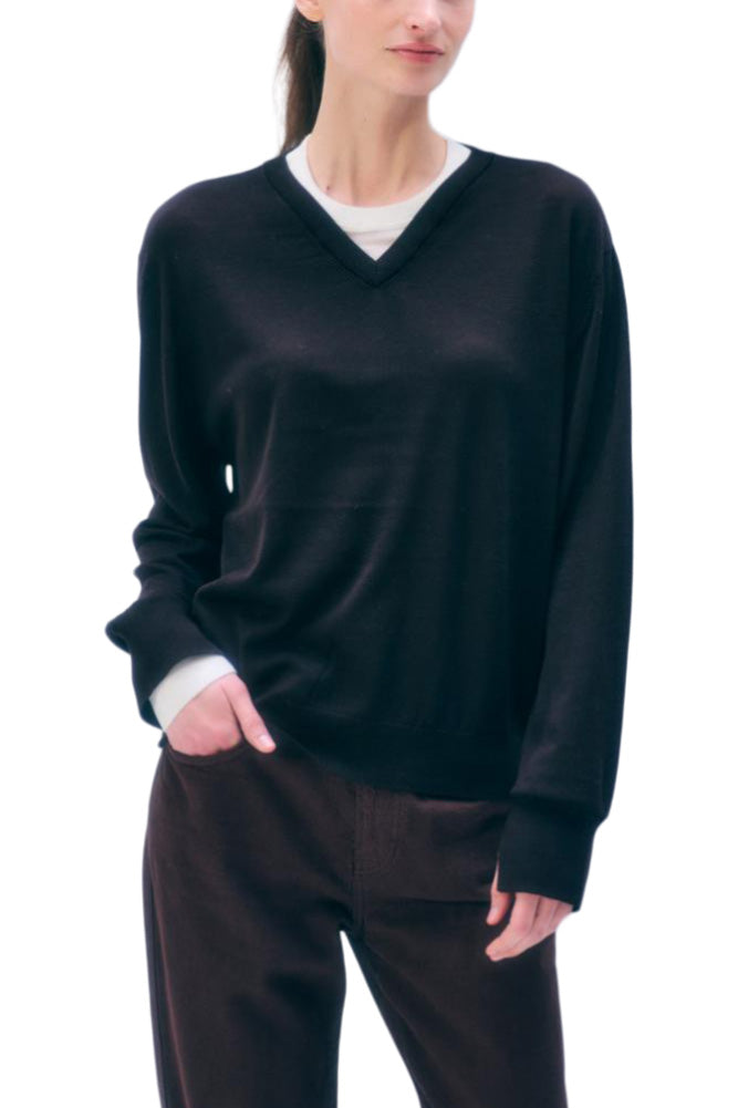 White & Warren Superfine Merino Layered V-neck in Dark Cacao - Ivory Trim