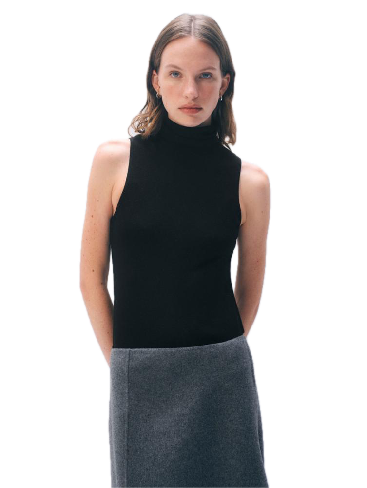 White & Warren Superfine Merino Sleeveless Turtleneck in Black