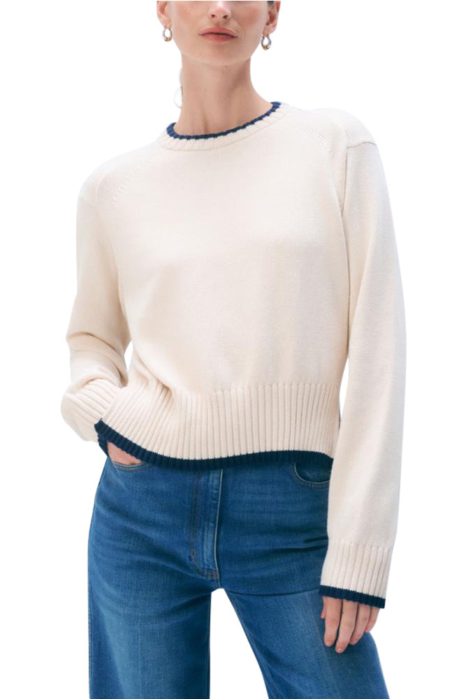 White & Warren Varsity Cable Crewneck in Ivory-Navy