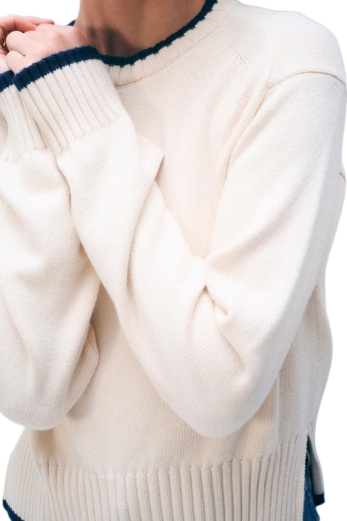 White & Warren Varsity Cable Crewneck in Ivory-Navy