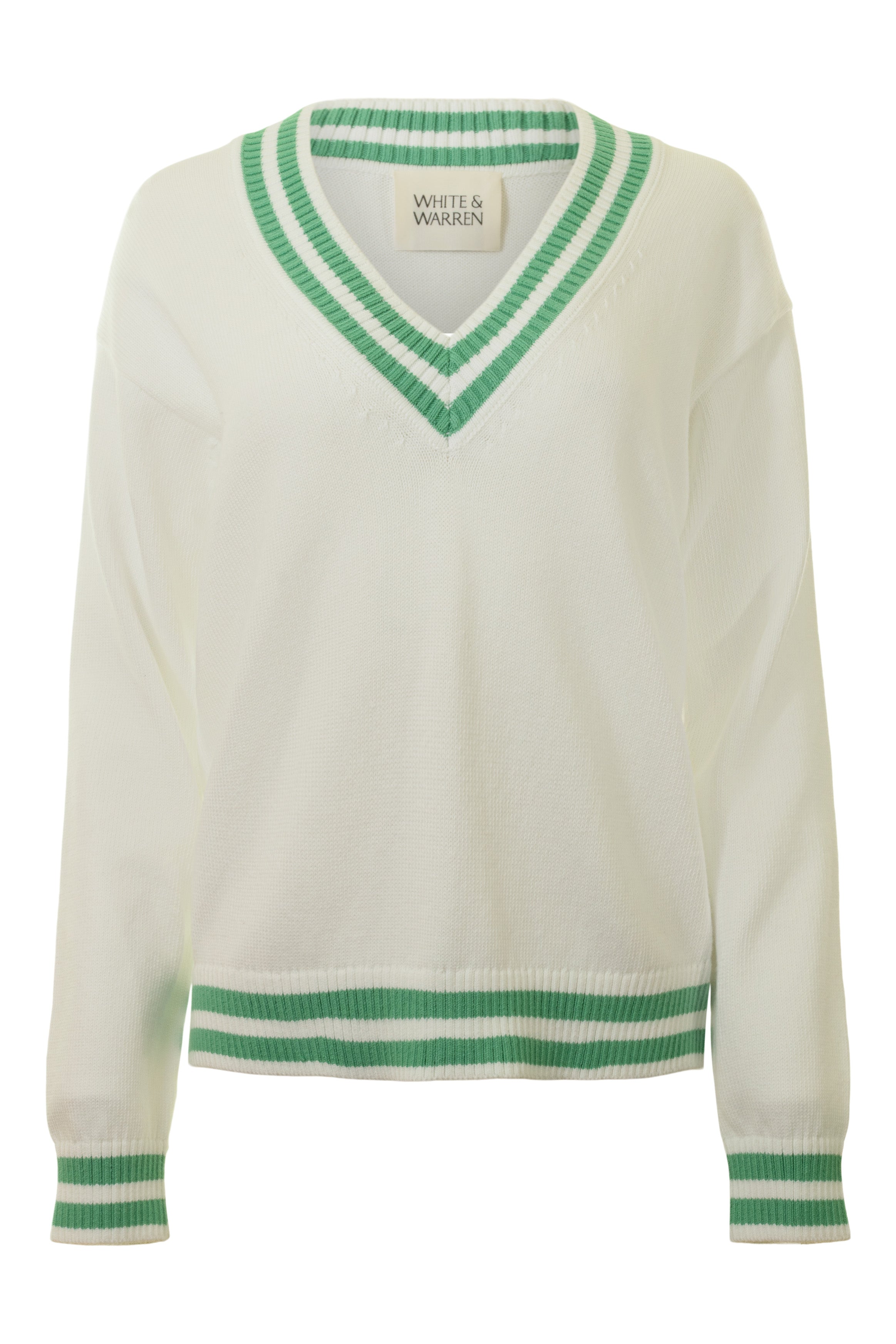 White & Warren Varsity Cotton V-neck in Ivory Retro Green