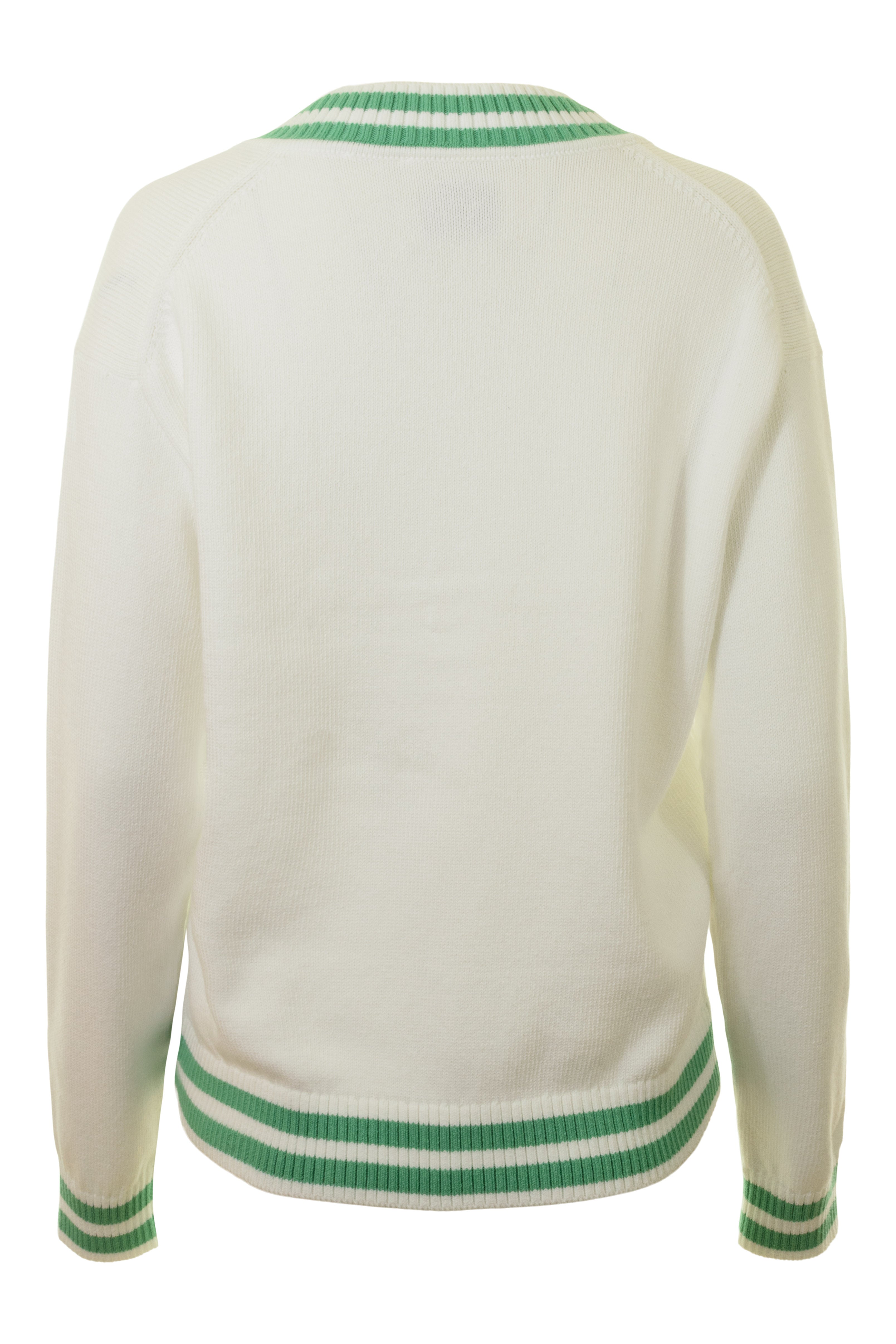 White & Warren Varsity Cotton V-neck in Ivory Retro Green