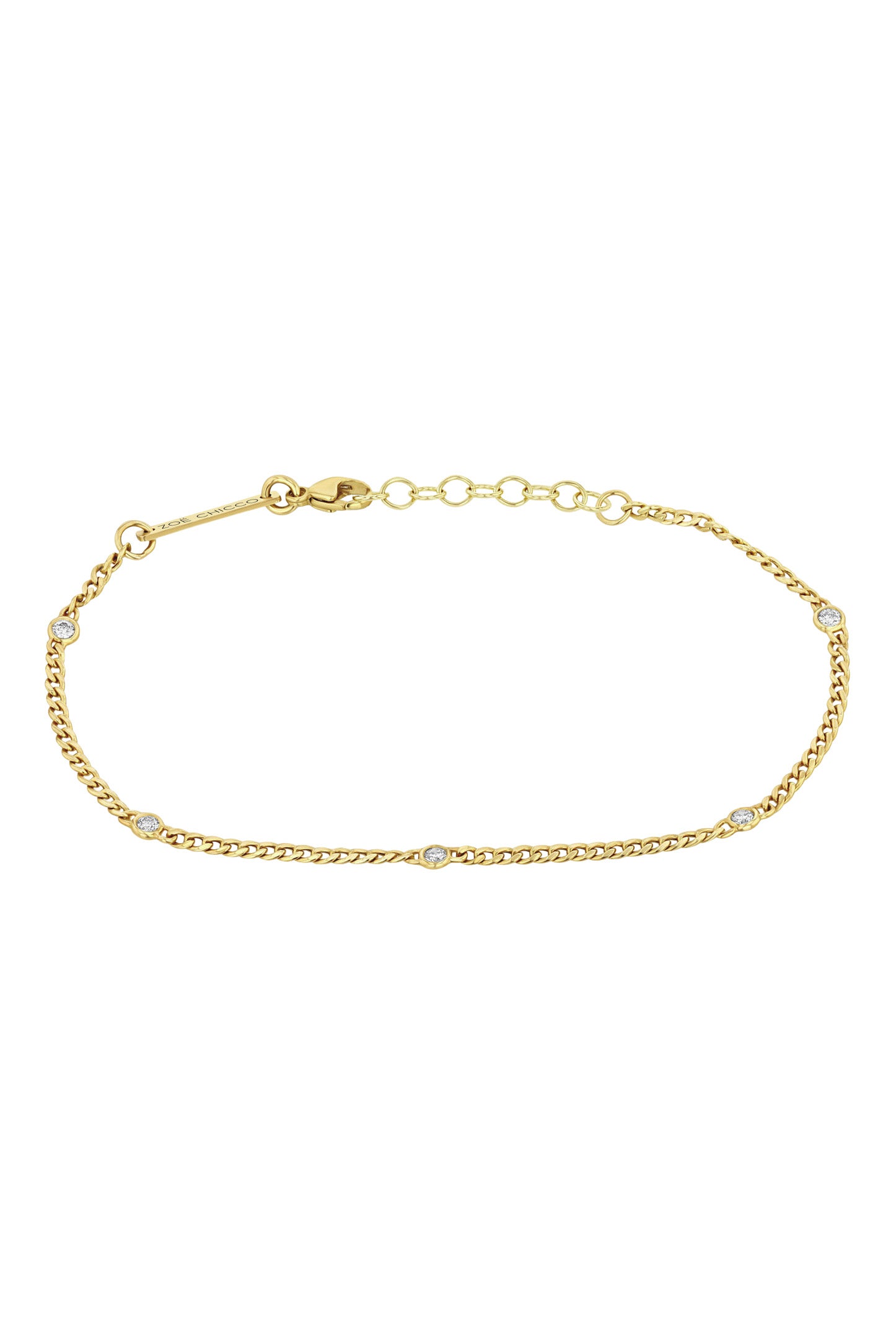 Zoe Chicco Extra Small Curb Chain Bracelet with 5 Floating Diamonds in 14k Yellow Gold