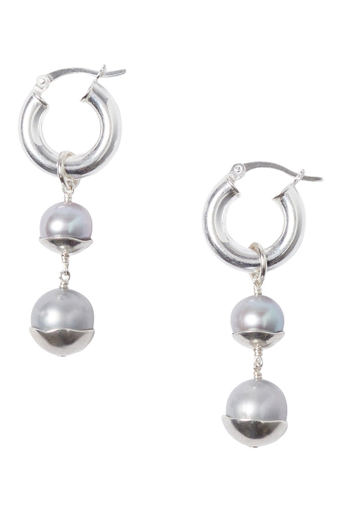Chan Luu Silver Dipped Tiered Hoop Earrings in Grey Pearl