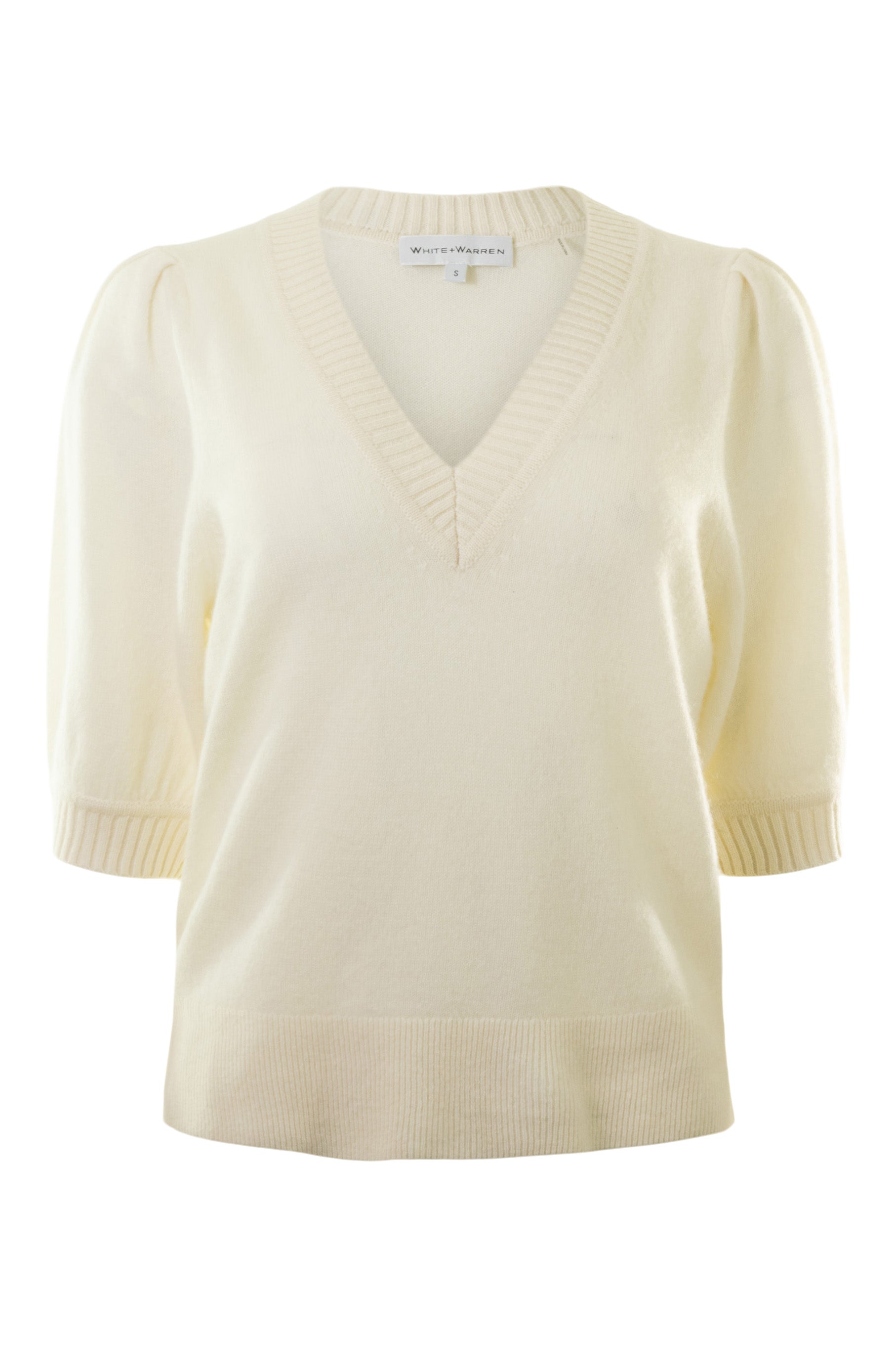 White & Warren Cashmere Puff Sleeve V-neck Sweater in Soft White