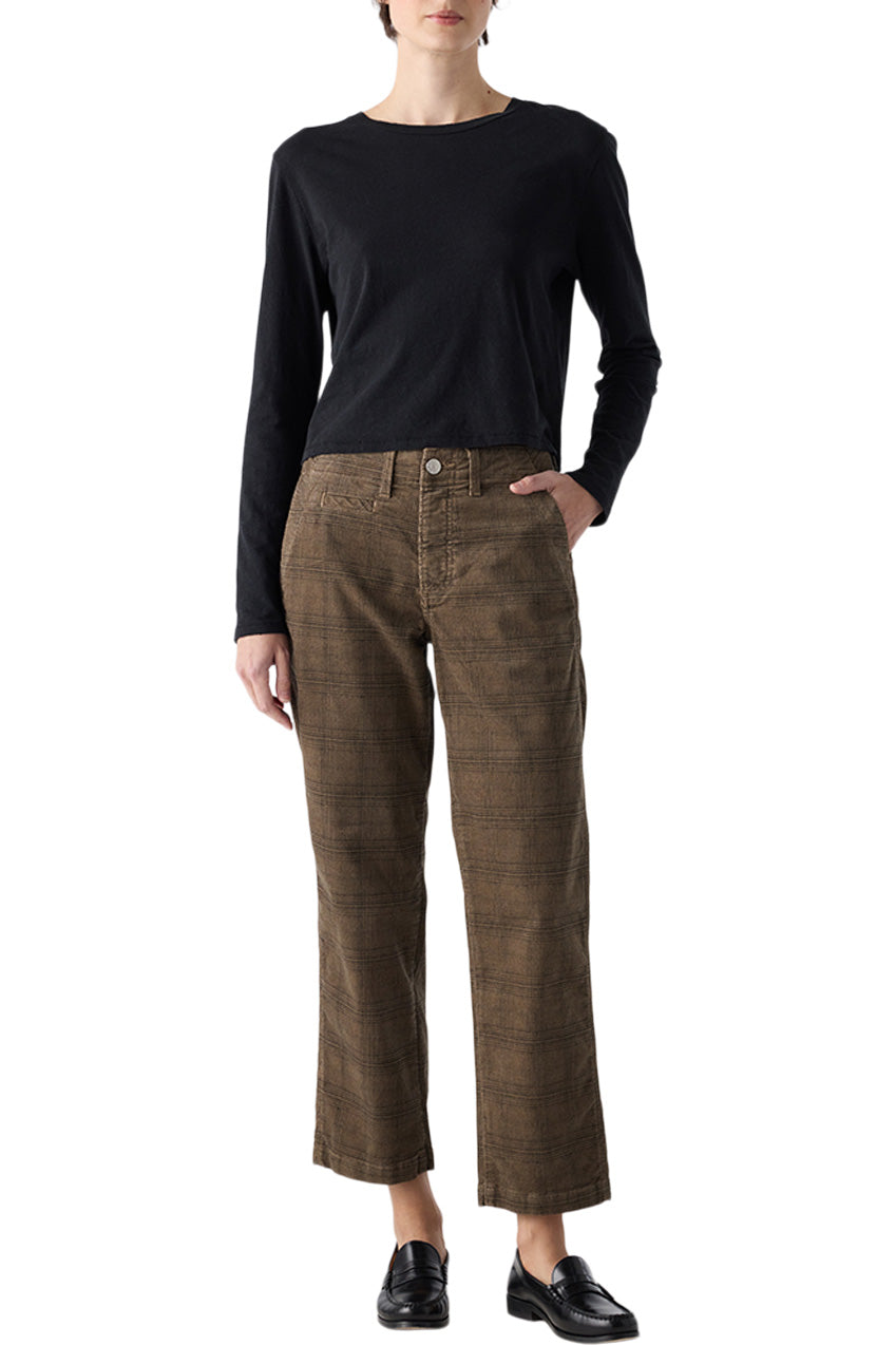 AMO Denim Lillian Printed Plaid Corduroy Pant in Dark Sand