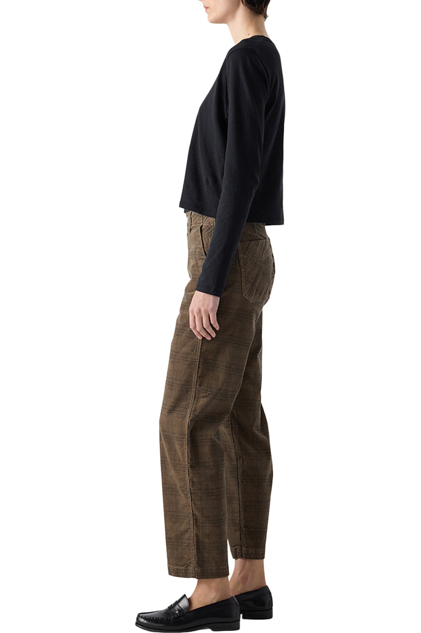 AMO Denim Lillian Printed Plaid Corduroy Pant in Dark Sand