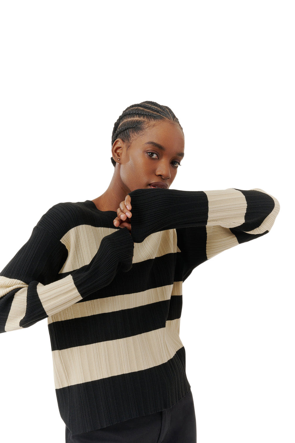 ATM Viscose Varigated Stripe Sweater in Linen-Black