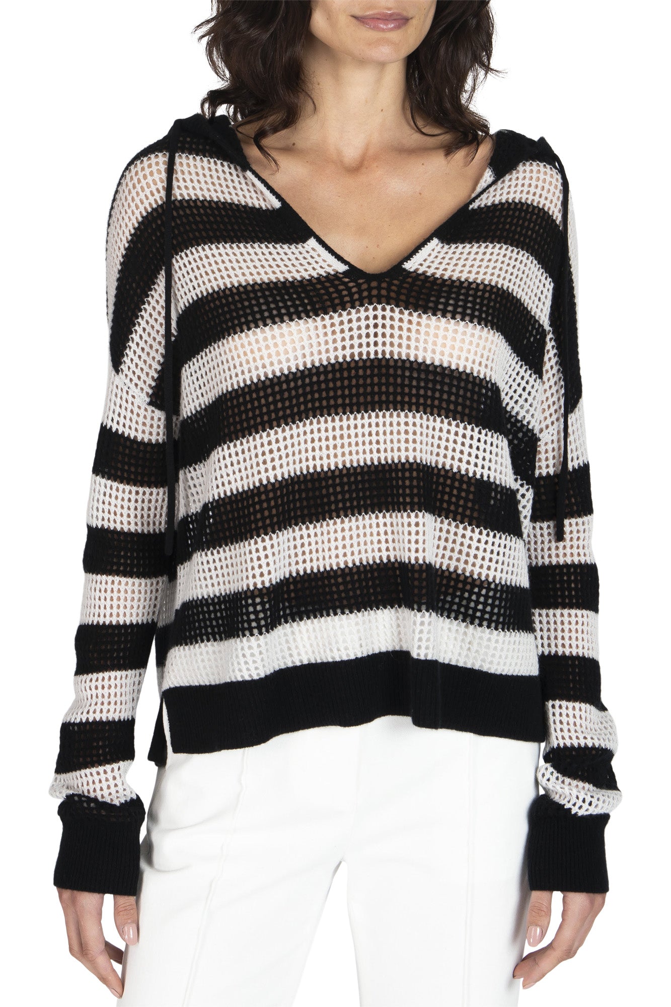 ATM Cashmere Mesh Stripe Sweater in Black-Salt Grey