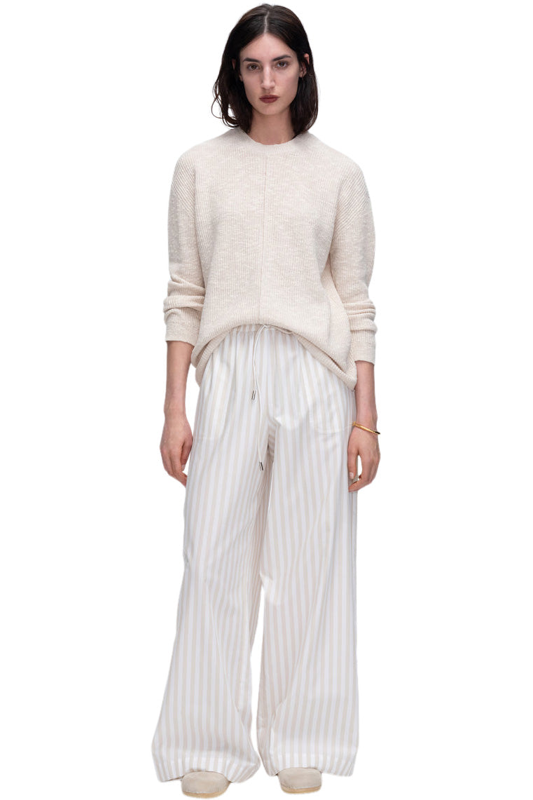 ATM Cotton Blend Pintuck Detail Crew Neck Sweater in Chalk