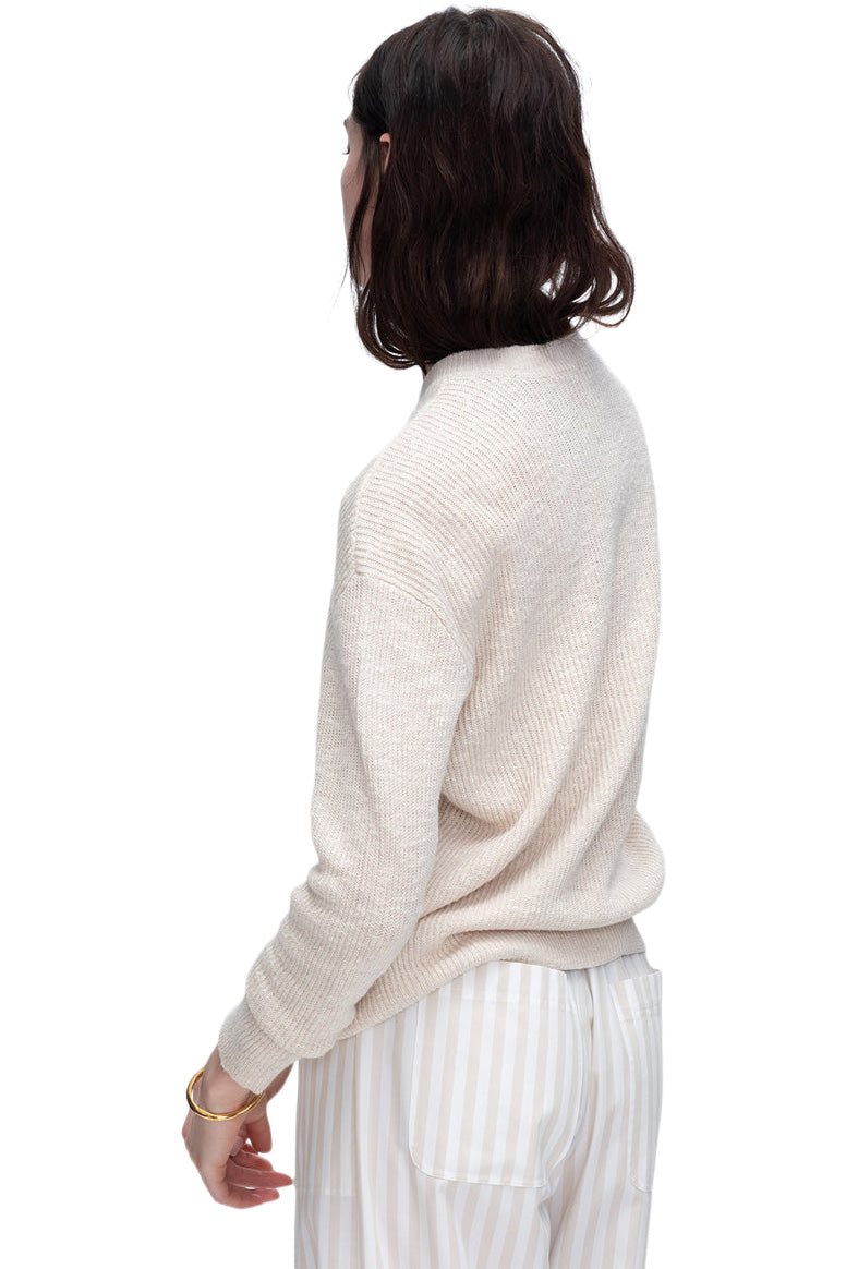 ATM Cotton Blend Pintuck Detail Crew Neck Sweater in Chalk