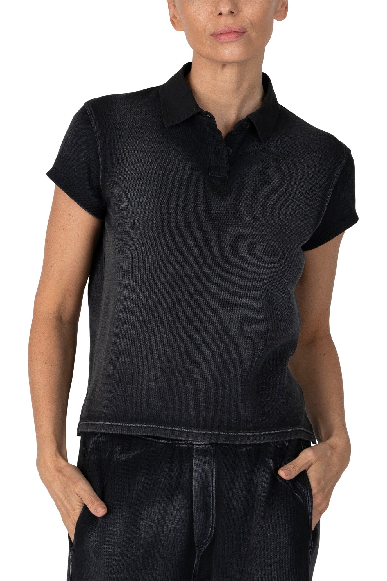 ATM Pique Mixed Media Short Sleeve Top in Black