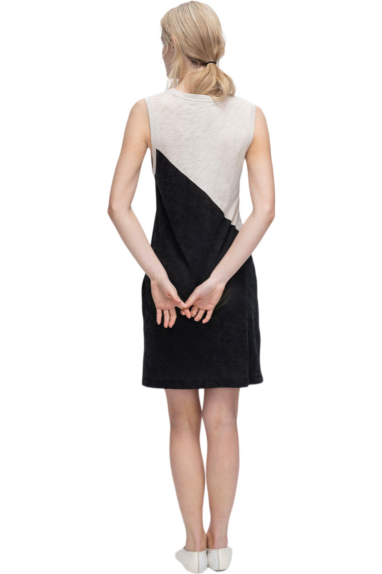 ATM Slub Jersey Sleeveless A-Line Dress Colorblock in Beige-Black