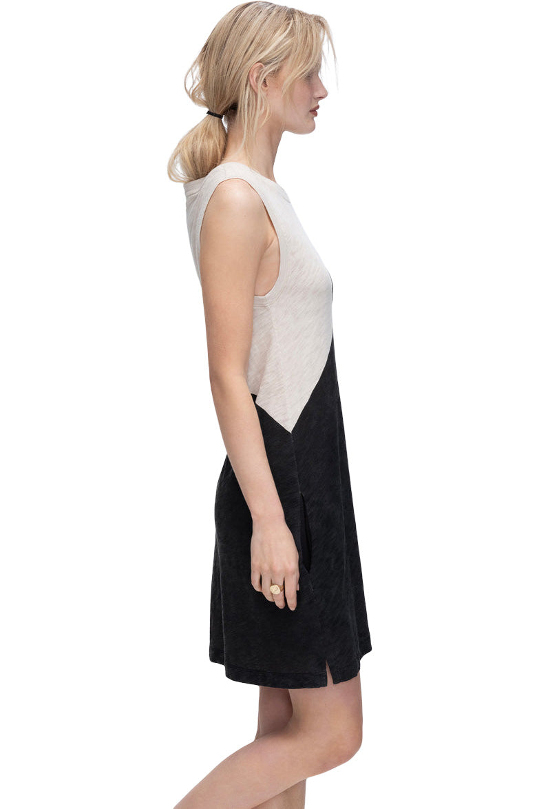 ATM Slub Jersey Sleeveless A-Line Dress Colorblock in Beige-Black