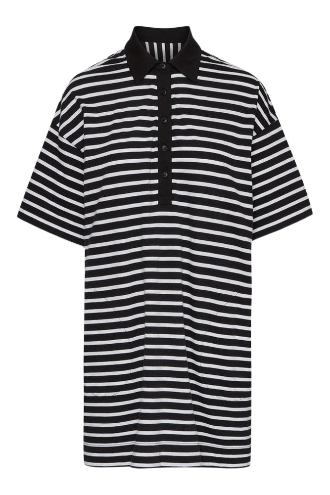 ATM Stripe Classic Jersey Short Sleeve Polo Dress in Black White