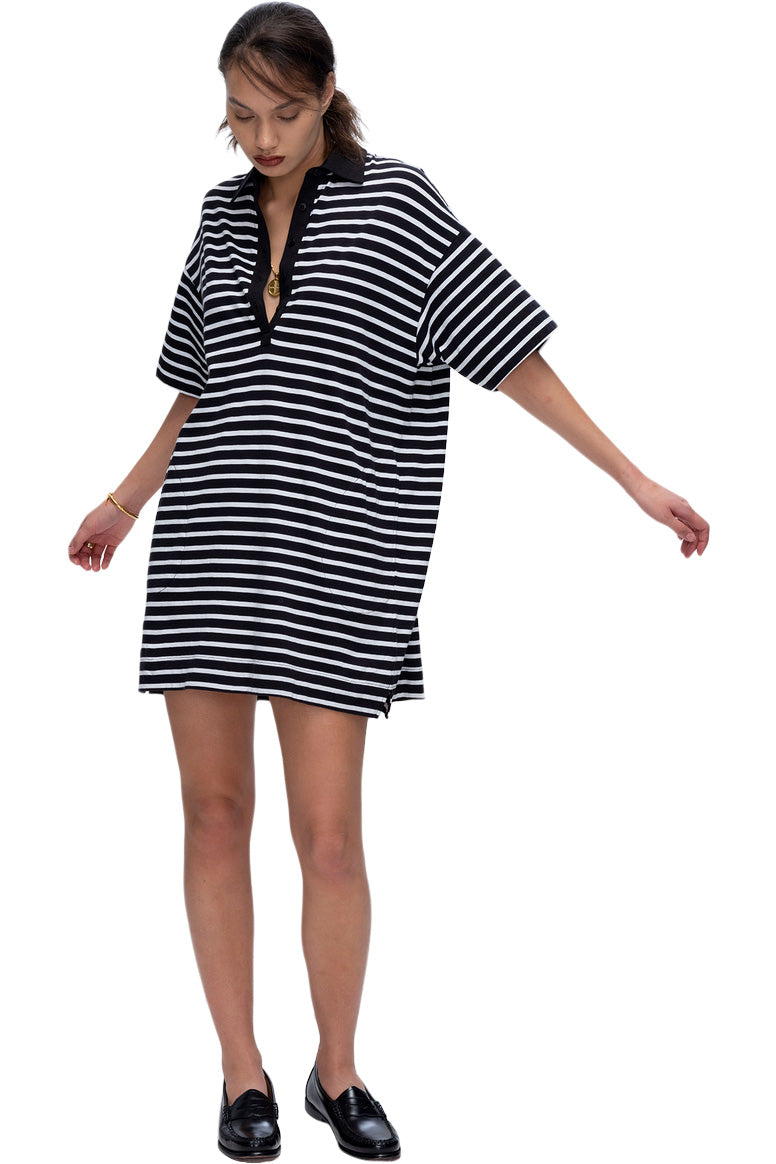 ATM Stripe Classic Jersey Short Sleeve Polo Dress in Black White