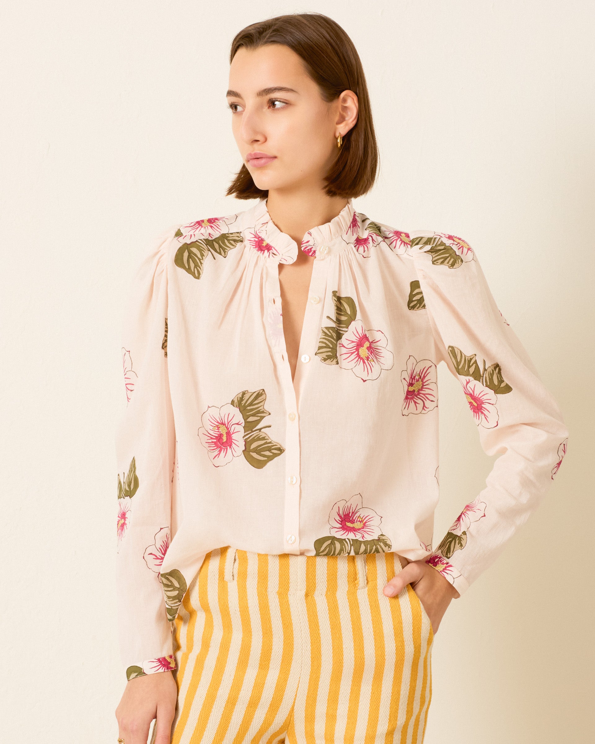 Alix Of Bohemia Artemis Blush Hibiscus Shirt in Off White