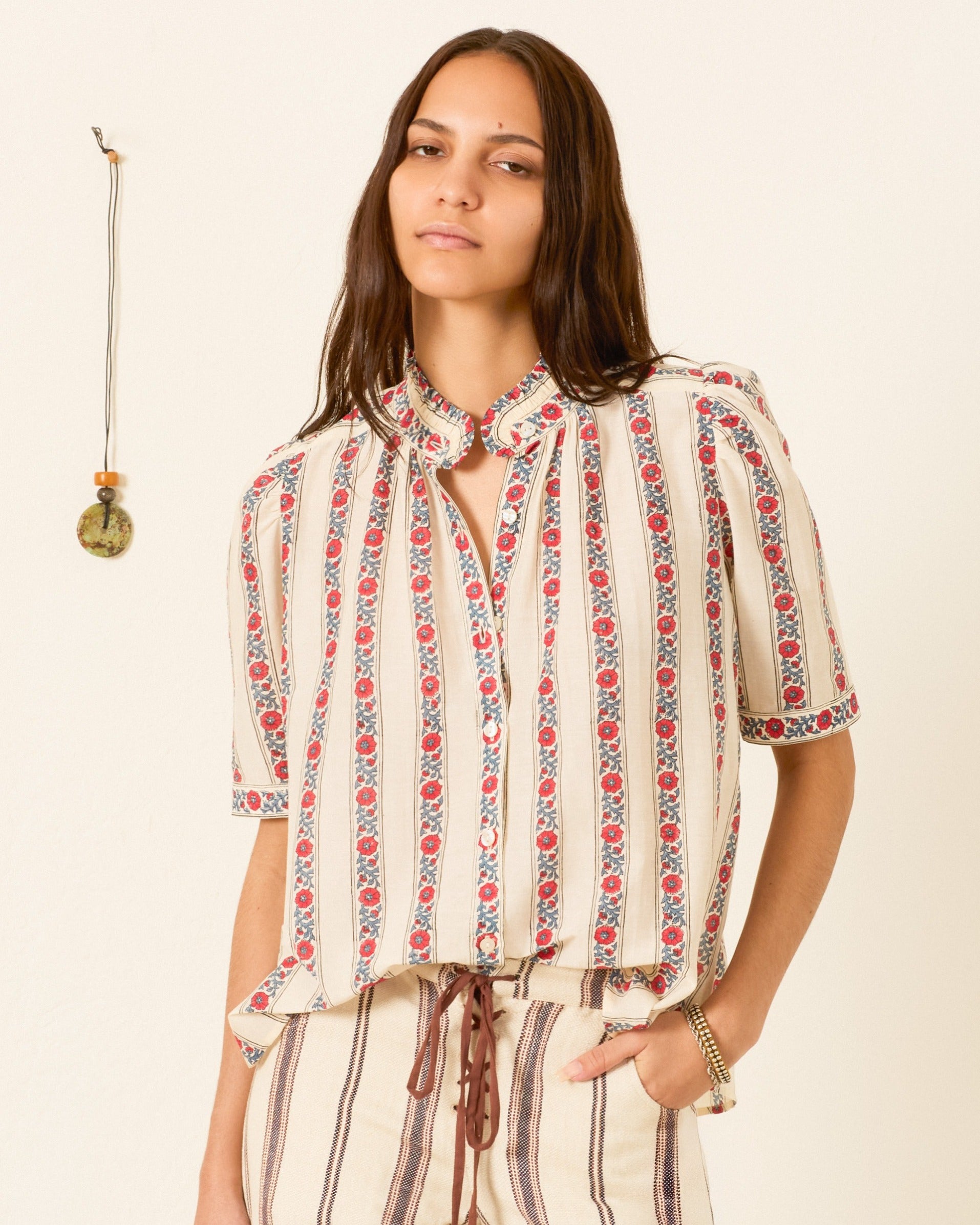 Alix Of Bohemia Winnie Roseband Stripe Shirt in Off White