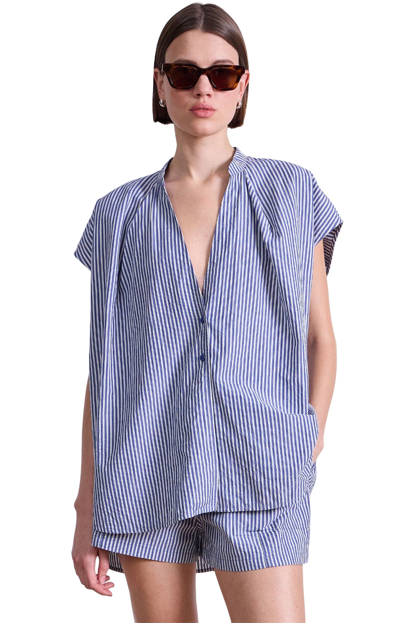 Apiece Apart Buono Oversized Tank in 
Skinny Stripes Indigo + Cream