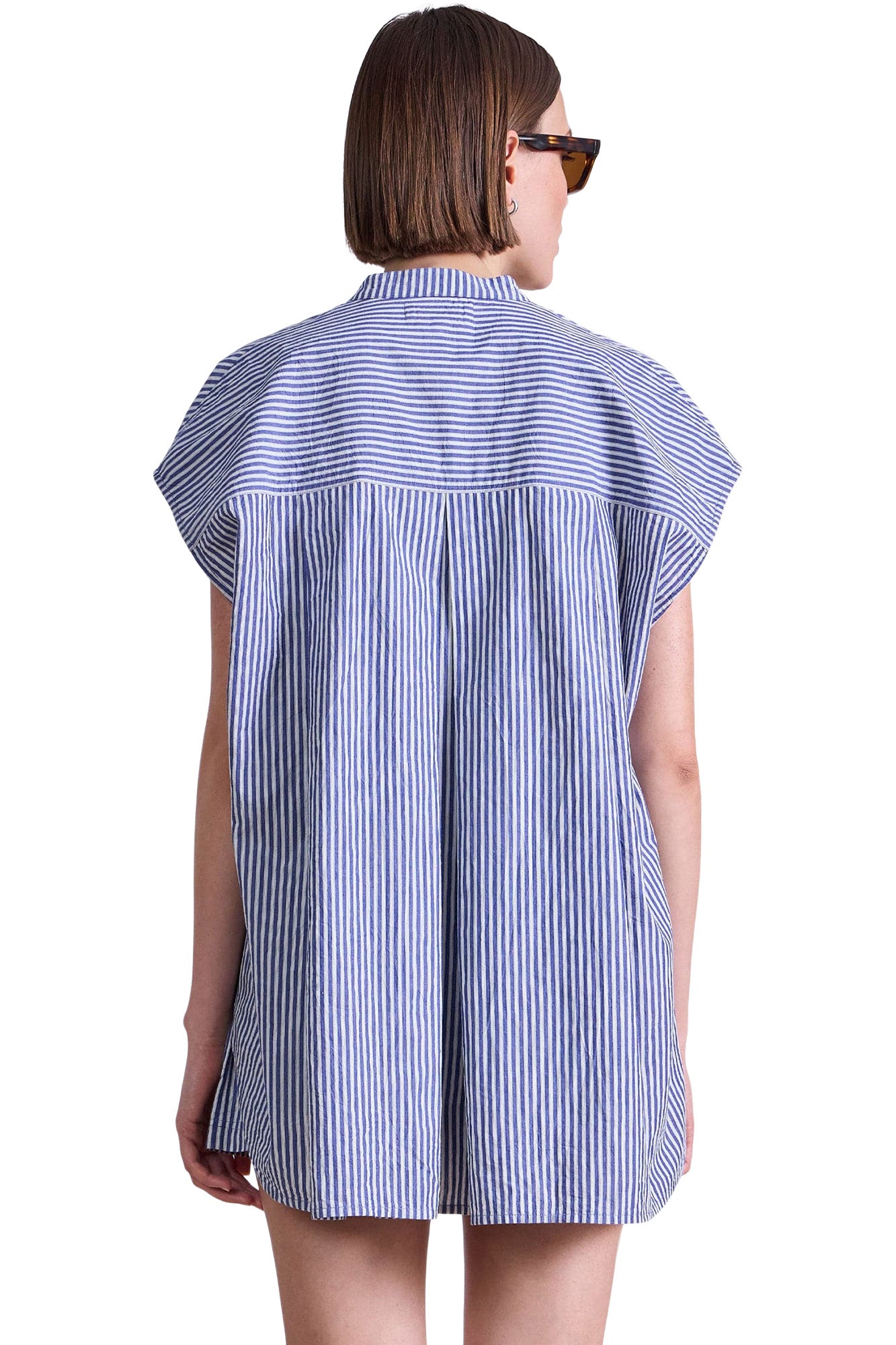 Apiece Apart Buono Oversized Tank in 
Skinny Stripes Indigo + Cream