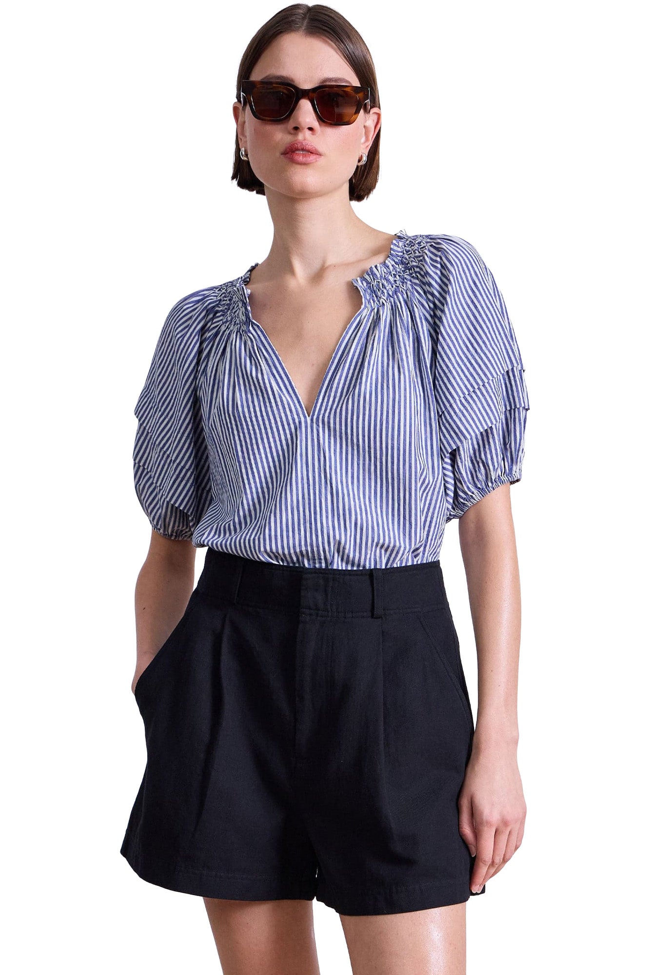 Apiece Apart Caminitas Puff Sleeve Top in Skinny Stripes Indigo + Cream