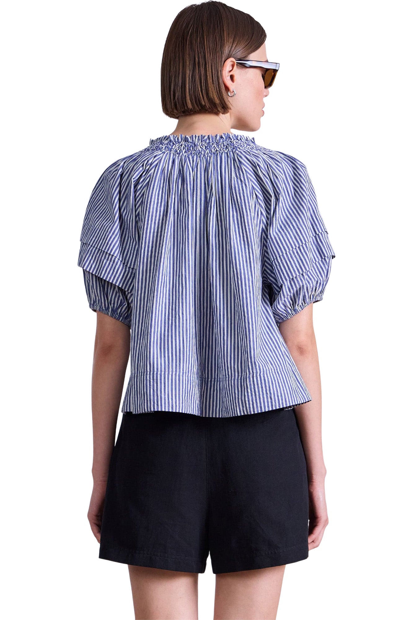 Apiece Apart Caminitas Puff Sleeve Top in Skinny Stripes Indigo + Cream