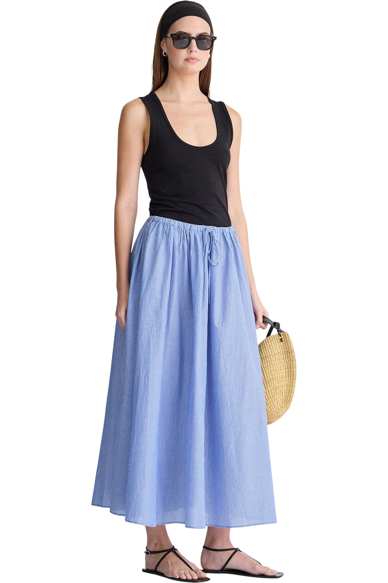 Apiece Apart Hanne Tie Maxi Skirt in Microstripe Blue & Cream