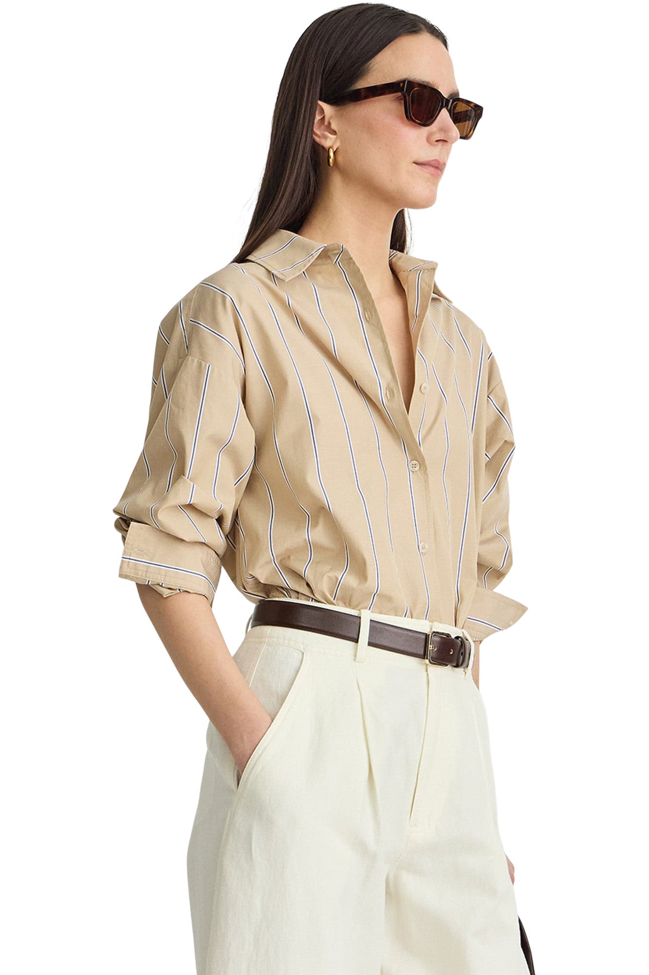 Apiece Apart Isolde Button Down in Sand & Blue Stripes
