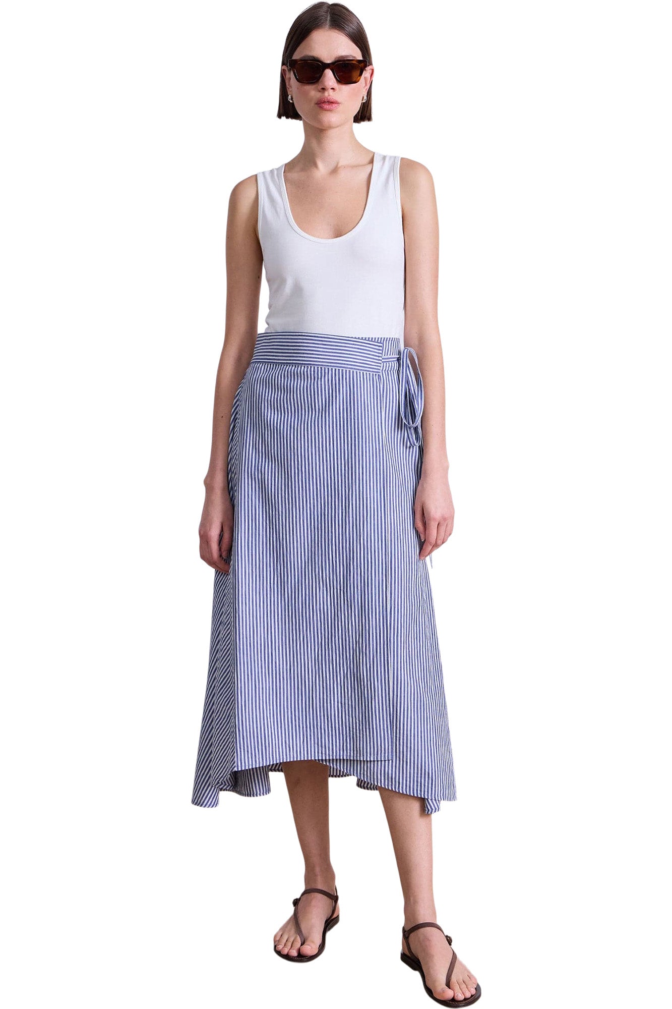 Apiece Apart Marsala Asymmetrical Skirt in 
Skinny Stripes Indigo -  Cream