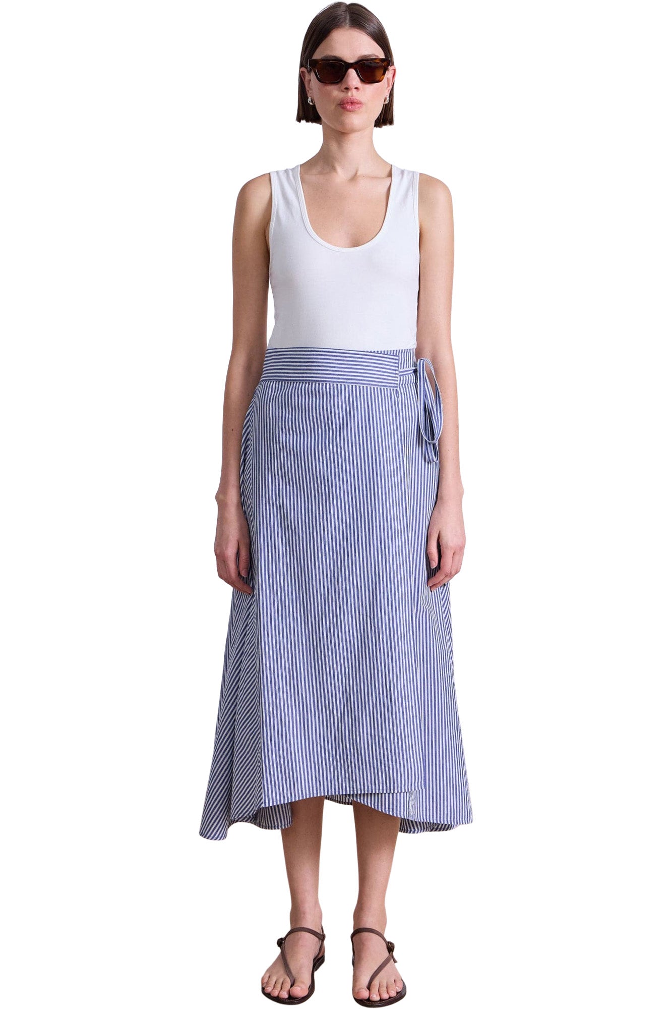 Apiece Apart Marsala Asymmetrical Skirt in 
Skinny Stripes Indigo -  Cream