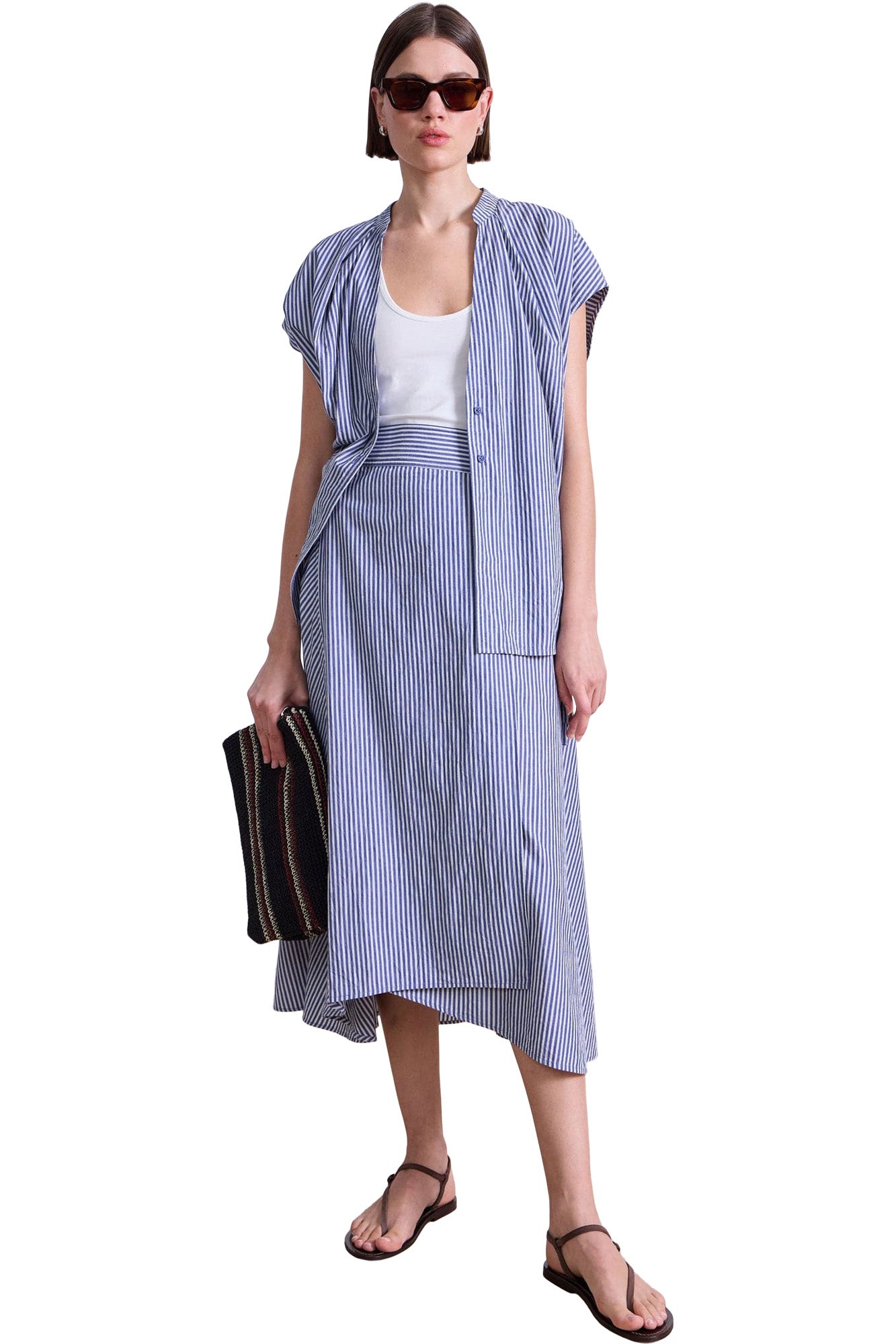 Apiece Apart Marsala Asymmetrical Skirt in 
Skinny Stripes Indigo -  Cream