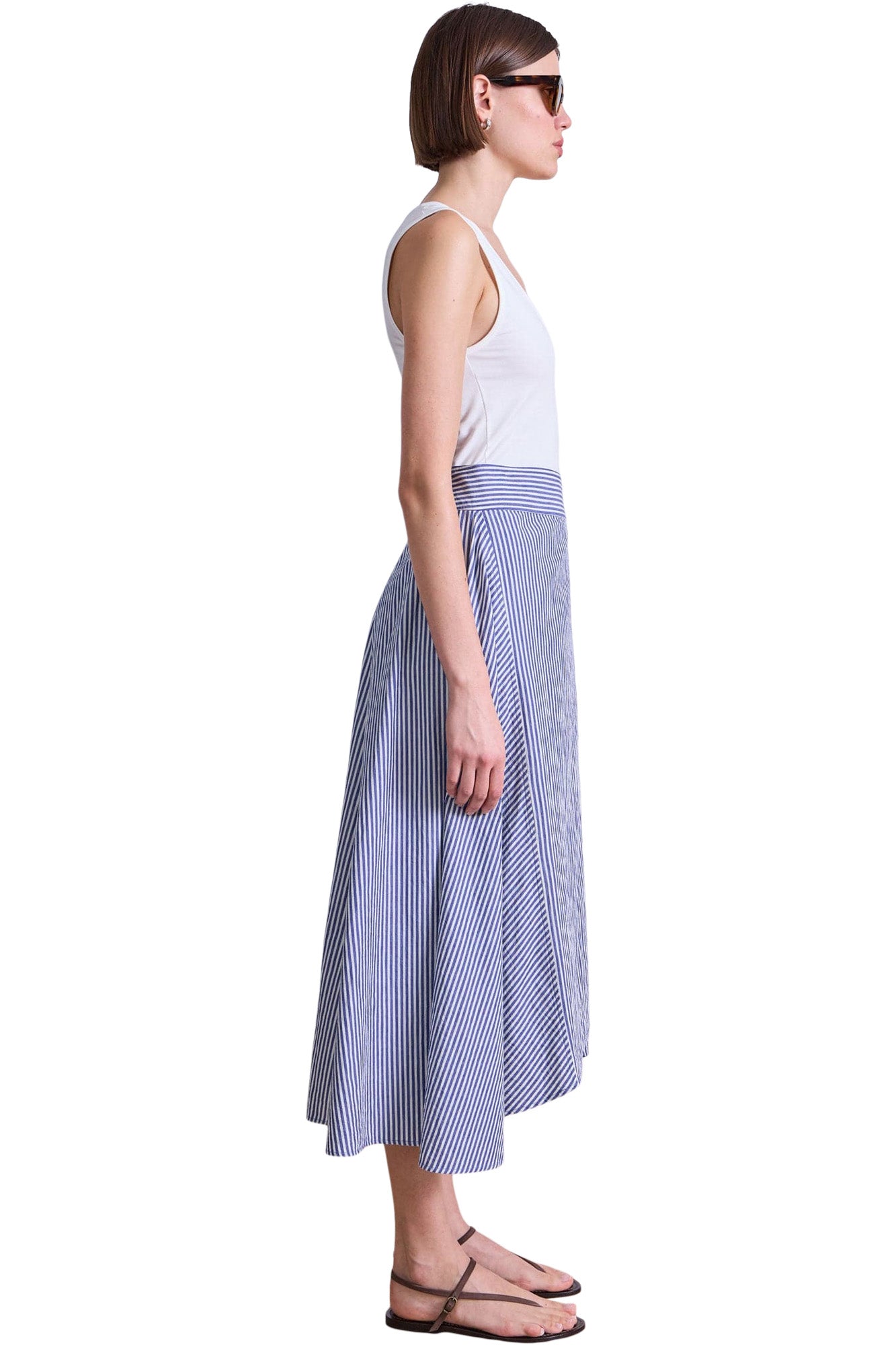 Apiece Apart Marsala Asymmetrical Skirt in 
Skinny Stripes Indigo -  Cream