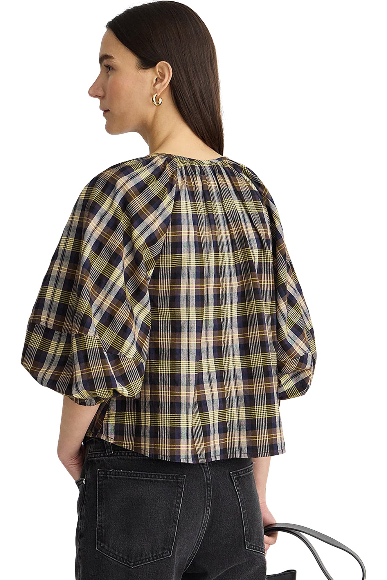 Apiece Apart Nele Lantern Sleeve Top in Basket Weave Plaid