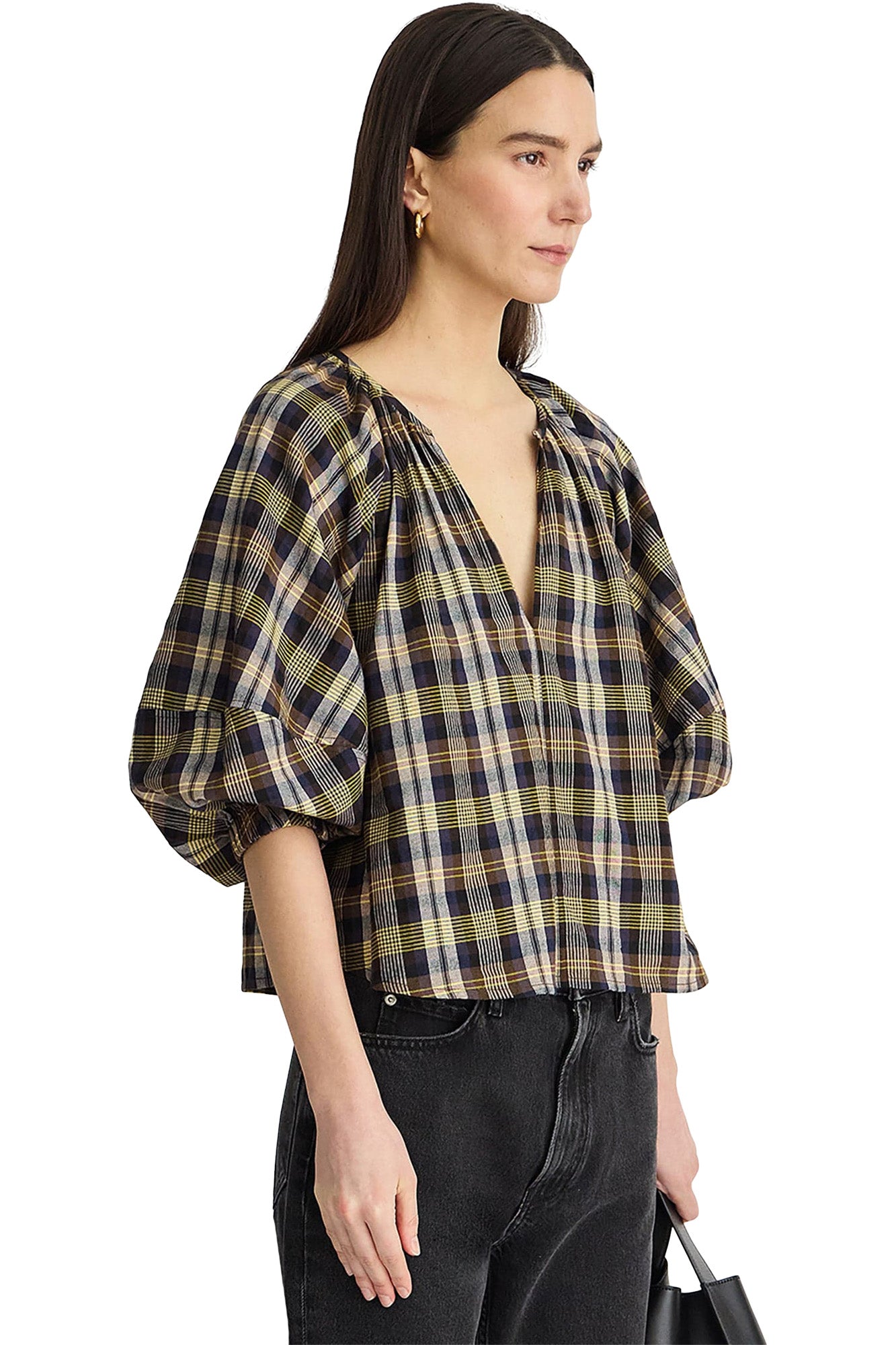 Apiece Apart Nele Lantern Sleeve Top in Basket Weave Plaid
