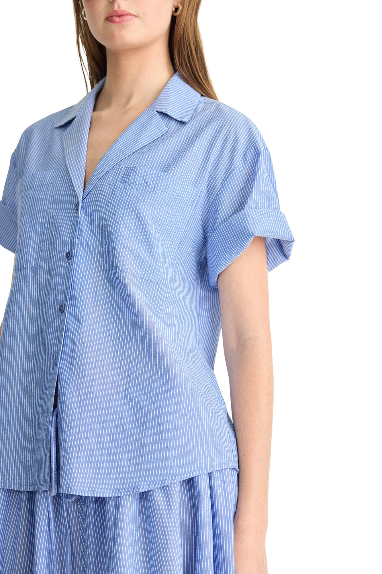Apiece Apart Valenti Button Up in Microstripe Blue & Cream